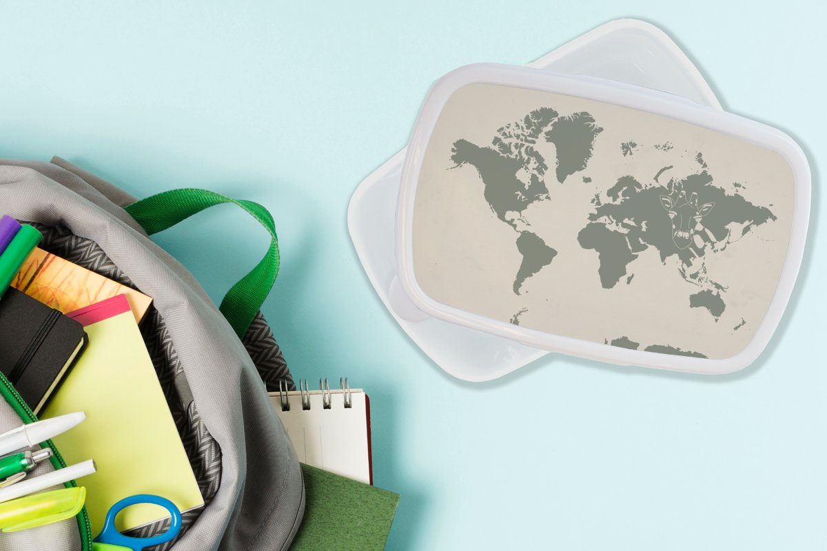 Weltkarte für Jungs Brotbox MuchoWow Mädchen Lunchbox und für - Kunststoff, Tiere Giraffe, (2-tlg), Brotdose, Erwachsene, Kinder - und weiß