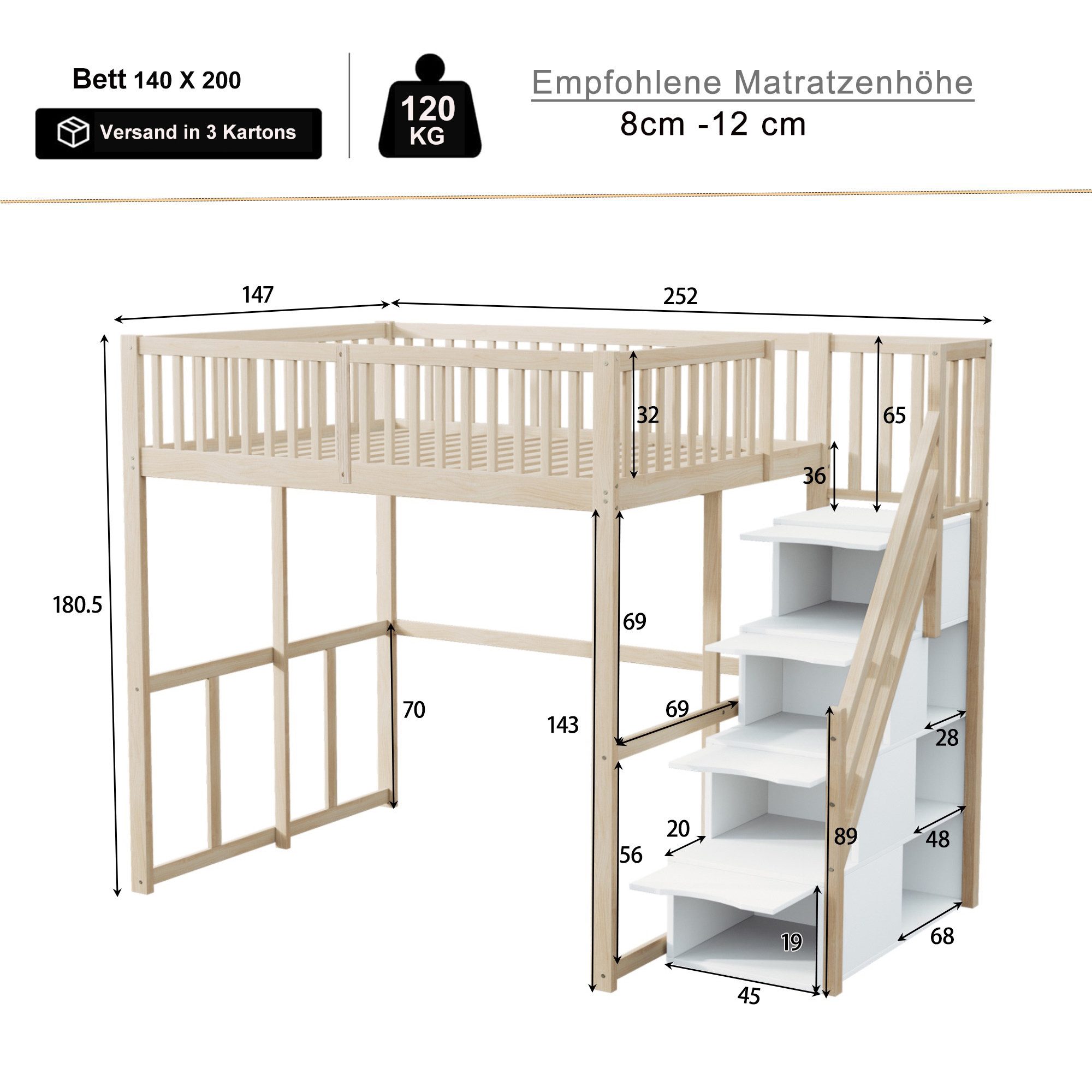 Flieks Hochbett Massivholz Kinderbett Einzelbett 140x200cm mit Stauraumtreppe