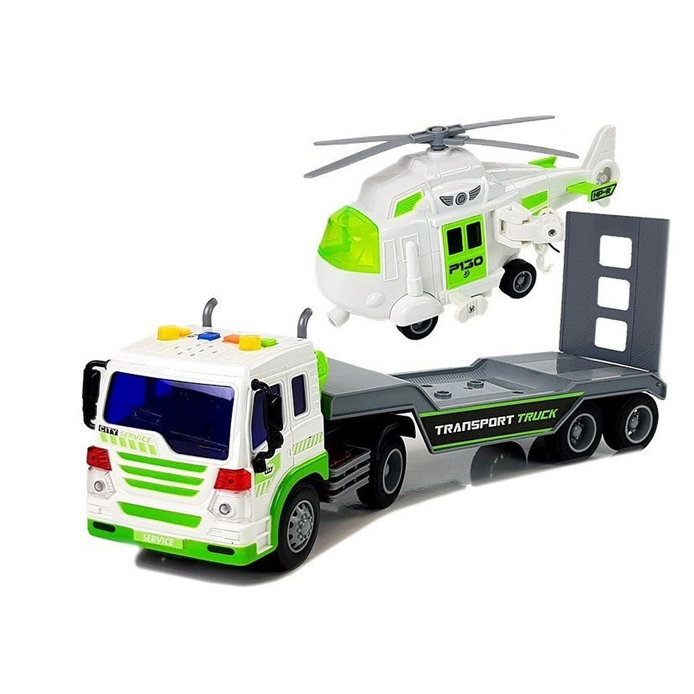 LEAN TOYS Spielzeug-Transporter Tieflader Hubschrauber Fahrzeugset, (Spar-Set, 1-tlg., 38 x 10 x 15 cm leuchtend), Licht- & Klangeffekte, Rückzugmotor, Rampe, Hubschrauber
