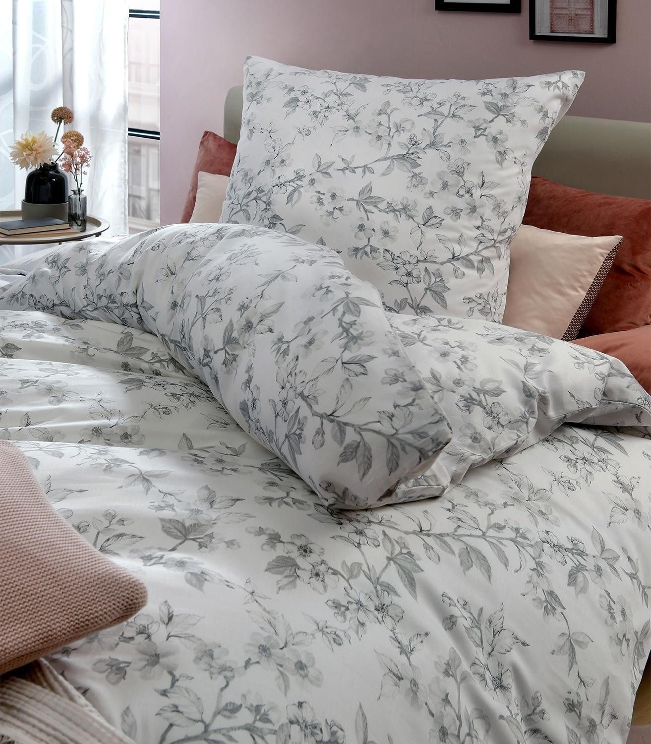 casa NOVA Bettwäsche MATILDA, 155 x 220 cm, Weiß, Grau, Baumwolle, Satin, 2 teilig, florales Muster, mit Reißverschluss