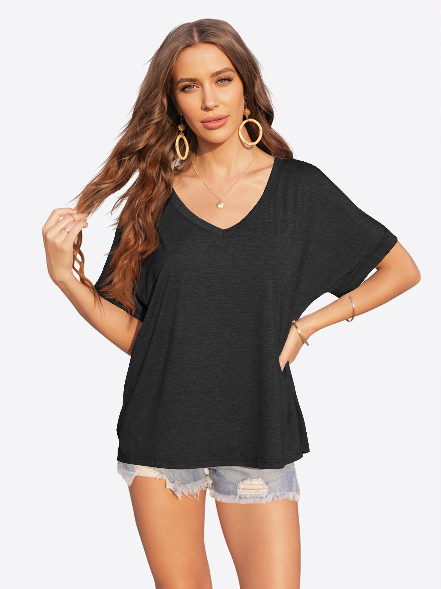 Imily Bela T-Shirt Damen Lässige Lockere Sommertops (Packung, 1-tlg., 1per-Pack) Einfarbig
