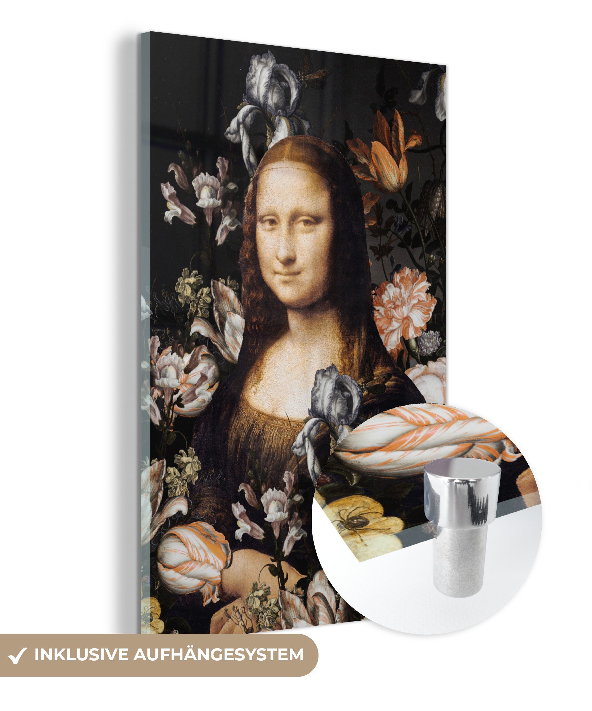 MuchoWow Acrylglasbild Mona Lisa - Leonardo da Vinci - Blumen, (1 St), Glasbilder - Bilder auf Glas Wandbild - Foto auf Glas - Wanddekoration bunt