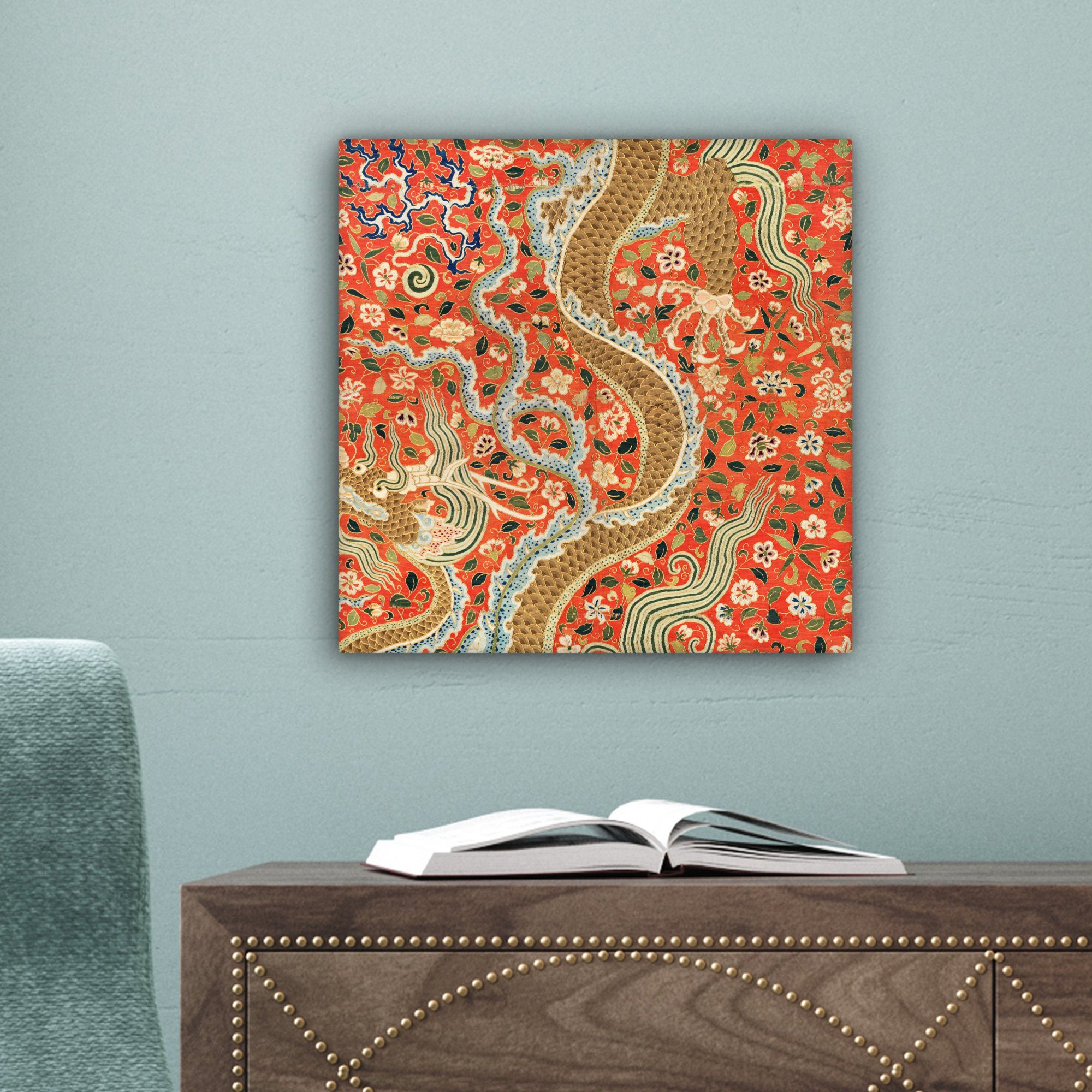 OneMillionCanvasses® Gemälde Leinwand Vintage Blumen Drache Bilder Orange, Wohnzimmer cm Schlafzimmer, - 20x20 - St), - für (1