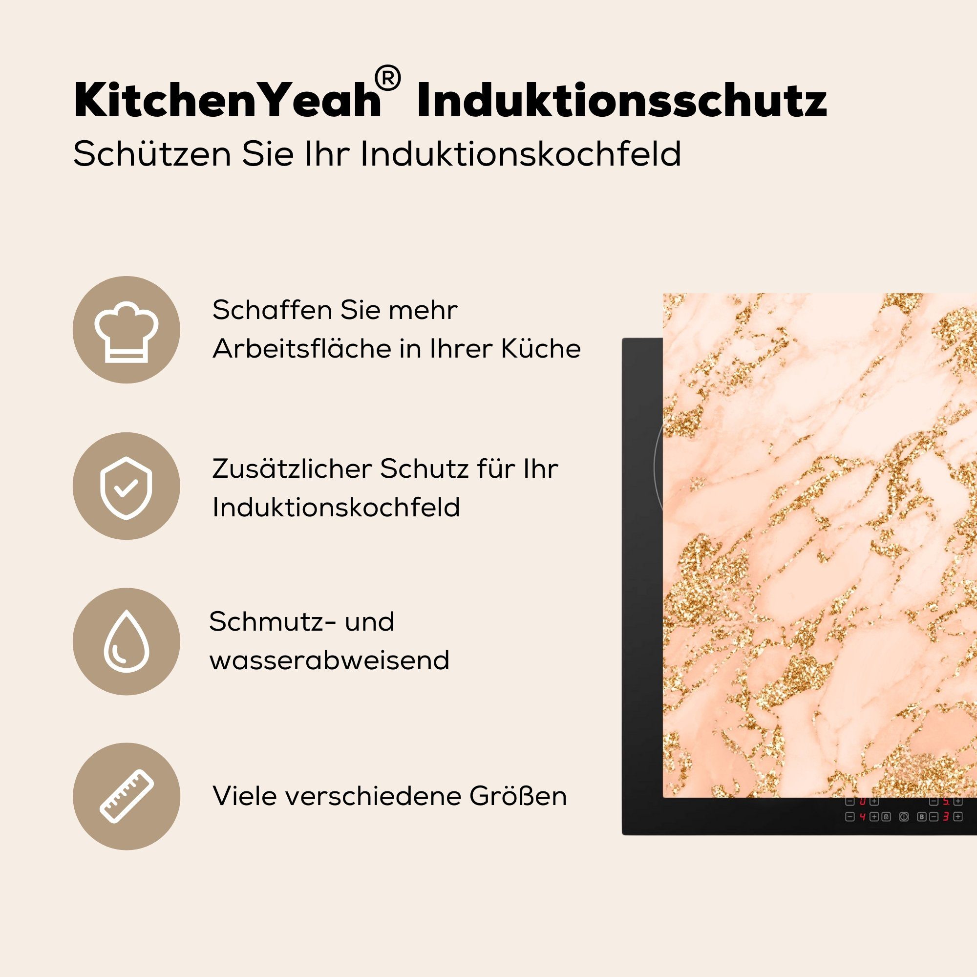 - Roségold die küche, Herdblende-/Abdeckplatte 81x52 Vinyl, Schutz MuchoWow (1 Induktionskochfeld Glitzer, für - Ceranfeldabdeckung Marmor cm, tlg),