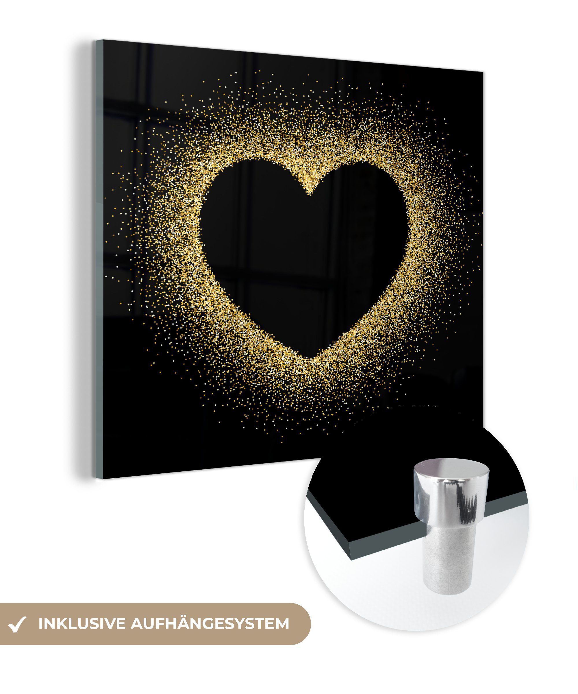 MuchoWow Acrylglasbild Goldenes Herz auf schwarzem Hintergrund, Inkl. Aufhängung, Bilder auf Glas Wandbild, Wanddeko Wohnzimmer Badezimmer, 20x20 cm