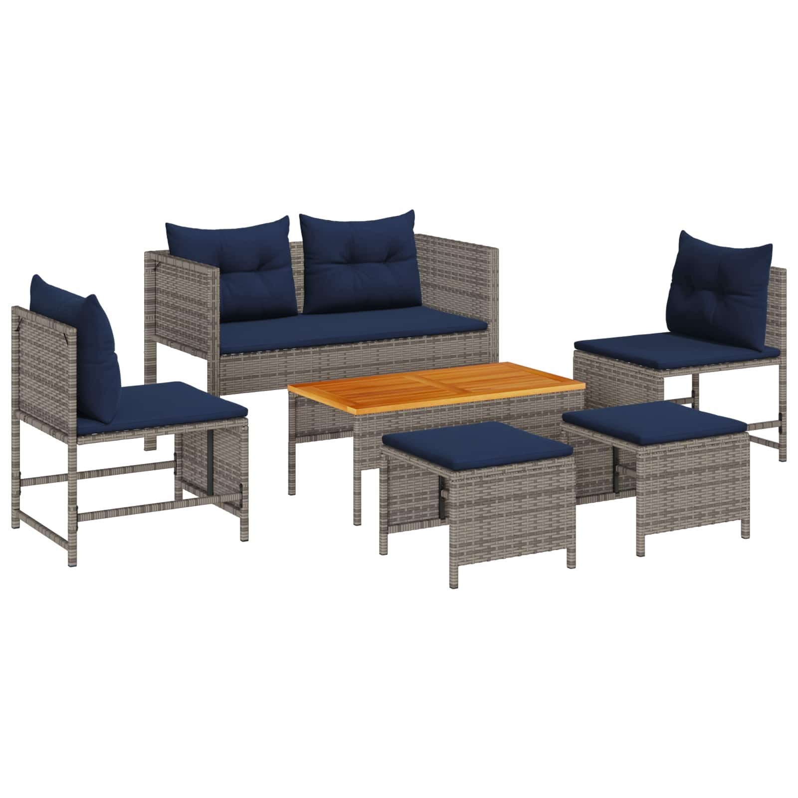 vidaXL Gartenlounge-Set Gartensofa-set 6 stk. Grau und Marineblau Poly-Rattan, (6-tlg)