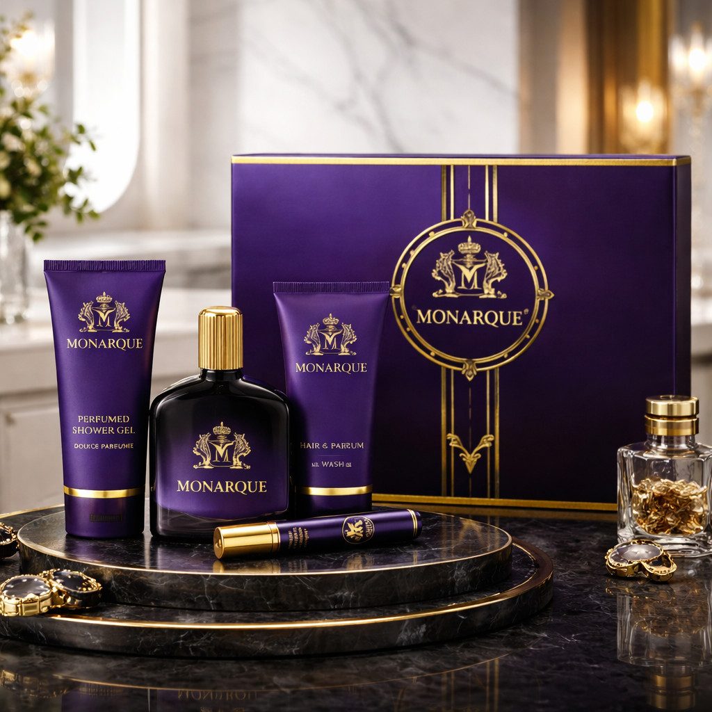 Fine Perfumery London Pflege-Geschenkset Monarque Pour Homme 4-tlg. Herren Duftset: EdP, Duschgel, Aftershave, 4-tlg., Hergestellt in UK, Geschenkset, Zitrisch  – Bild 2 von 5
