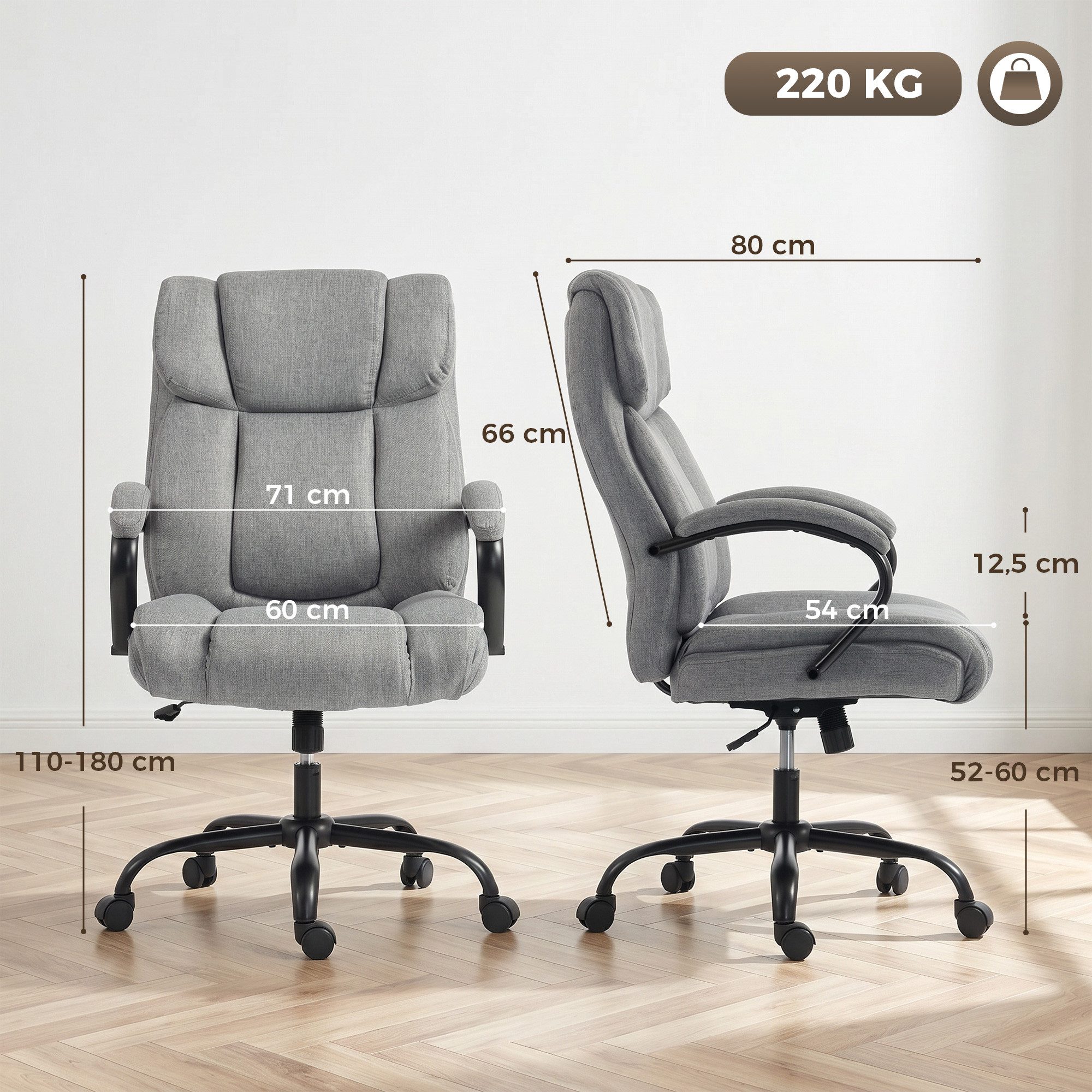 Vinsetto Bürostuhl Chefsessel, Gepolsterter Schreibtischstuhl, breit Sitz (Höhenverstellbarer Drehstuhl, 1 St), mit Wippfunktion, Leinenoptik, bis 220 kg belast – Bild 3 von 5