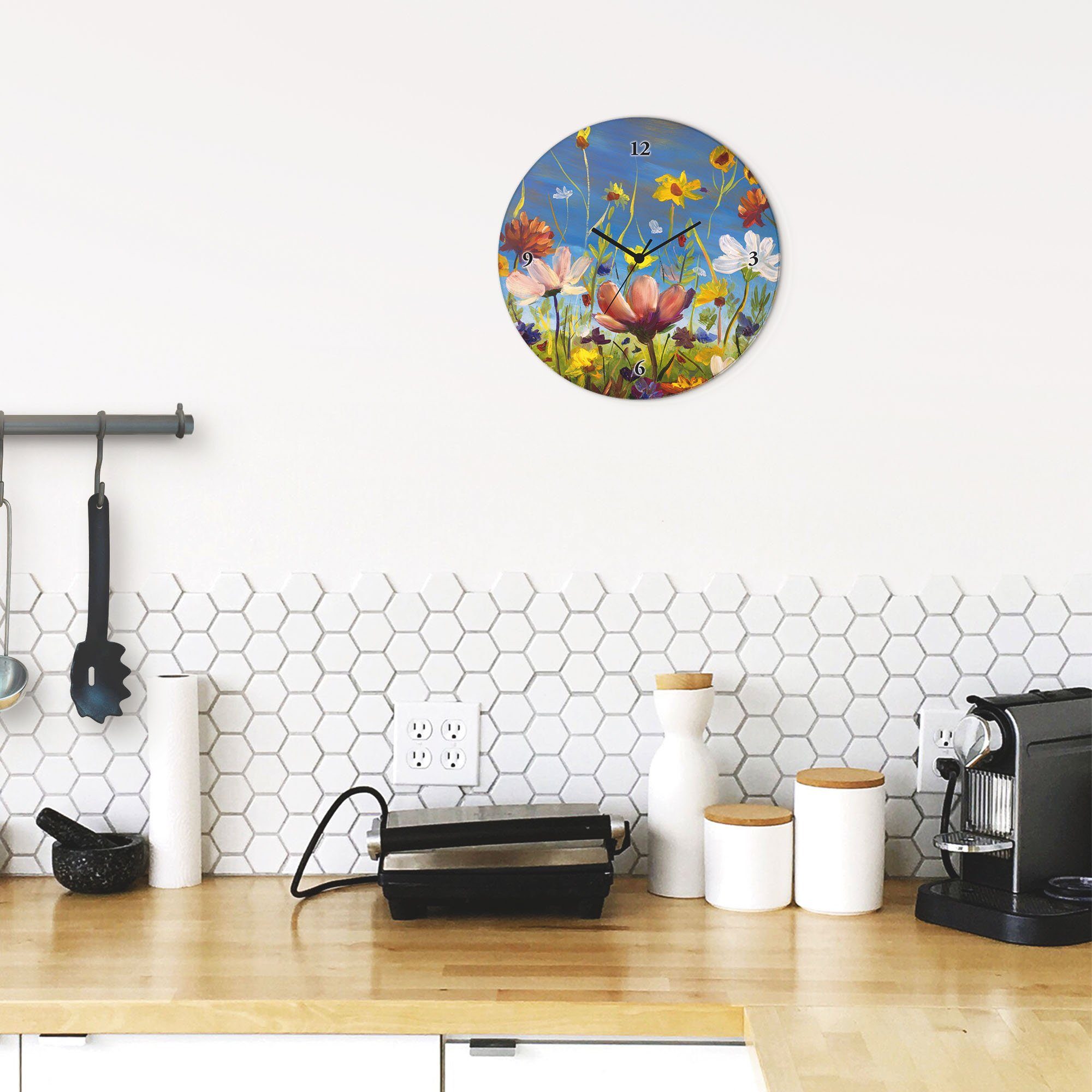 Artland Wanduhr Glasuhr rund Wildblumenwiese (wahlweise mit Quarz- oder Funkuhrwerk, lautlos ohne Tickgeräusche)