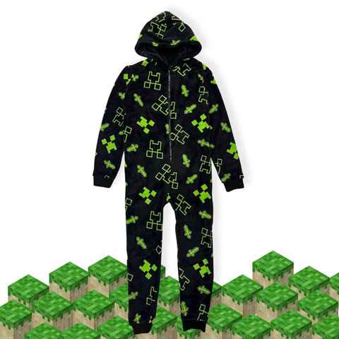 Bada Bing Jumpsuit Minecraft Overall Pyjama für Kinder und Jugendliche (10-12 Jahren, Länge von ca. 140 cm) Mit Kapuze und Reißverschluss