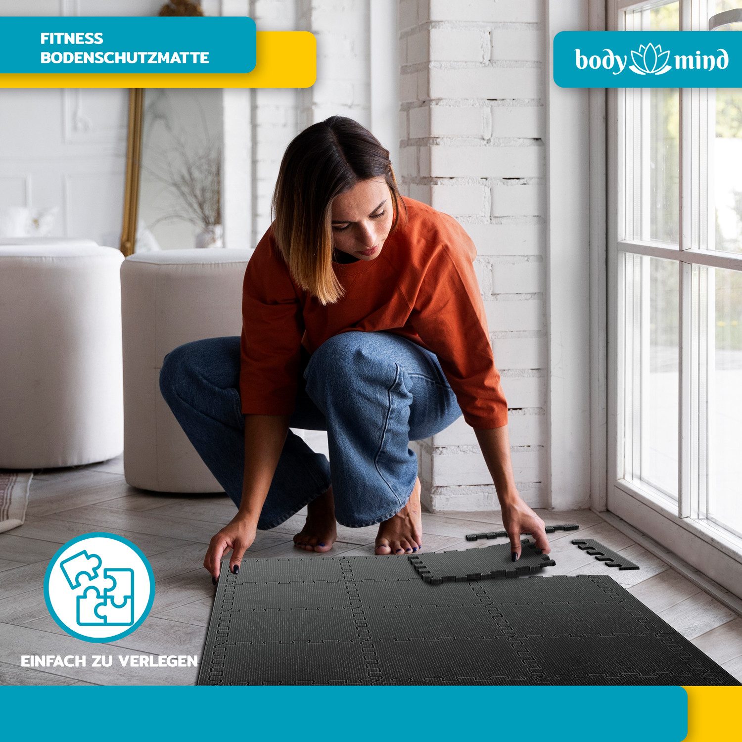 Body & Mind Bodenschutzmatte BODY & MIND XXL Bodenschutzmatte 54-teilig – Puzzle-Fitnessmatte 2 m², XXL Set, 54-St., Puzzleteile Fitnessmatte, Trainingsmatte ca – Bild 3 von 5