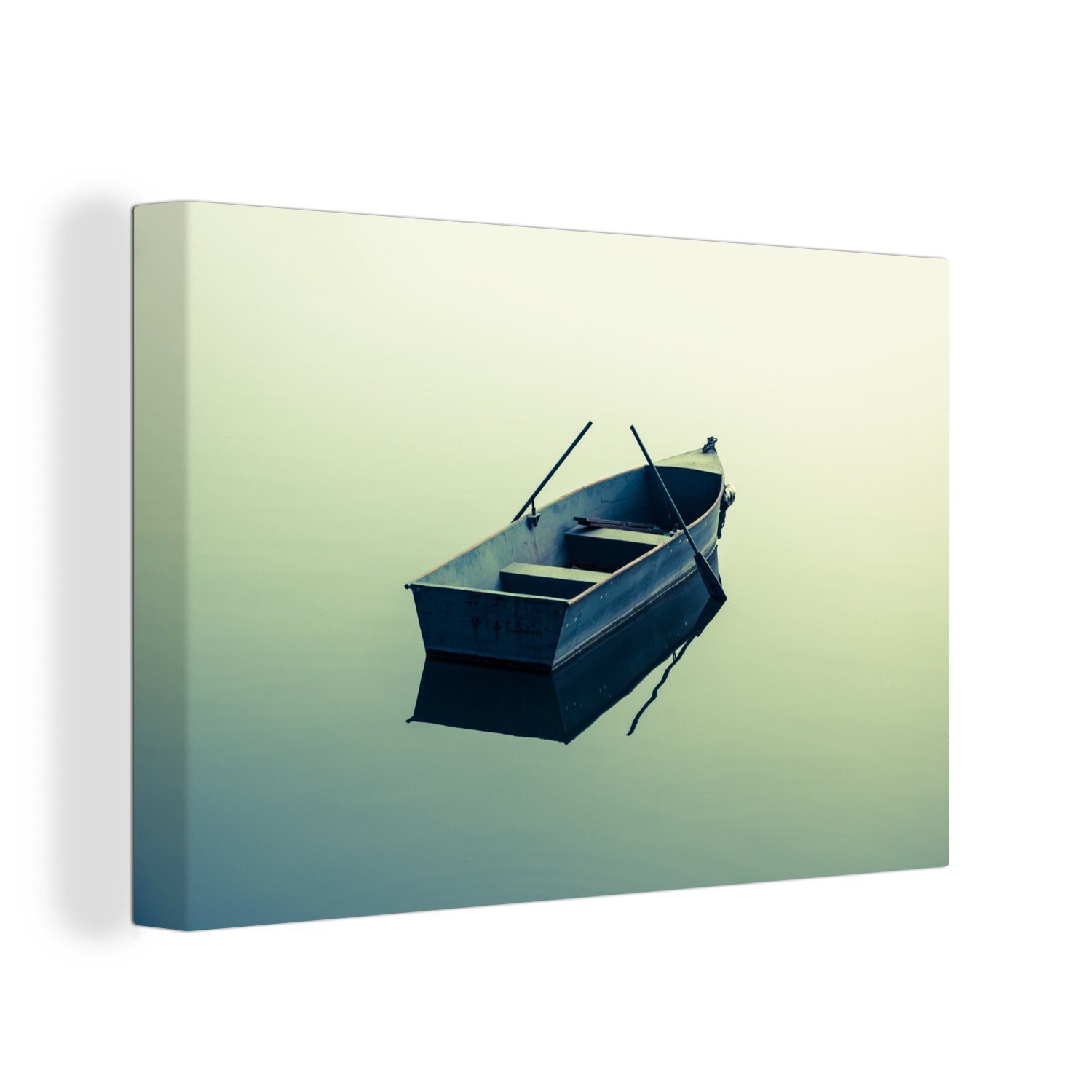 OneMillionCanvasses® Leinwandbild Ein einsames Boot auf dem blauen Wasser, (1 St), Wandbild Leinwandbilder, Aufhängefertig, Wanddeko, 30x20 cm | Leinwandbilder