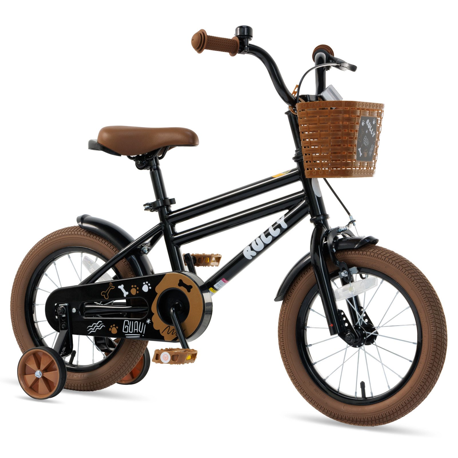 RULLY Kinderfahrrad Kinderfahrrad für Jungen 12–16 Zoll, 2–7 Jahre, 1 Gang, Mit Korb, Stützrädern, Schutzblechen & Klingel