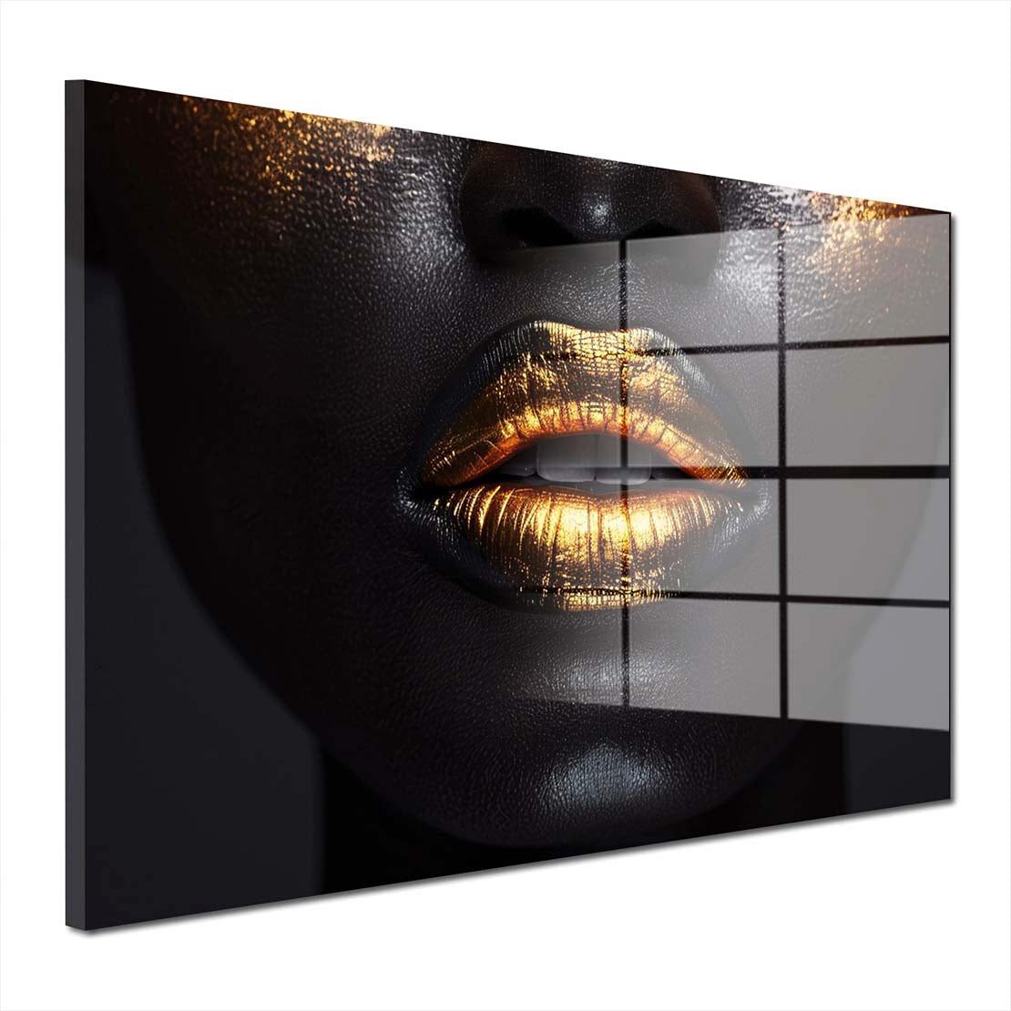 Artedinoi Acrylglasbild Lippen Gold Acrylglasbild Wandbild Frau Modern Elegant Schwarz XXL, Sinnliche Lippen mit goldenen Akzenten auf dunklem Grund.