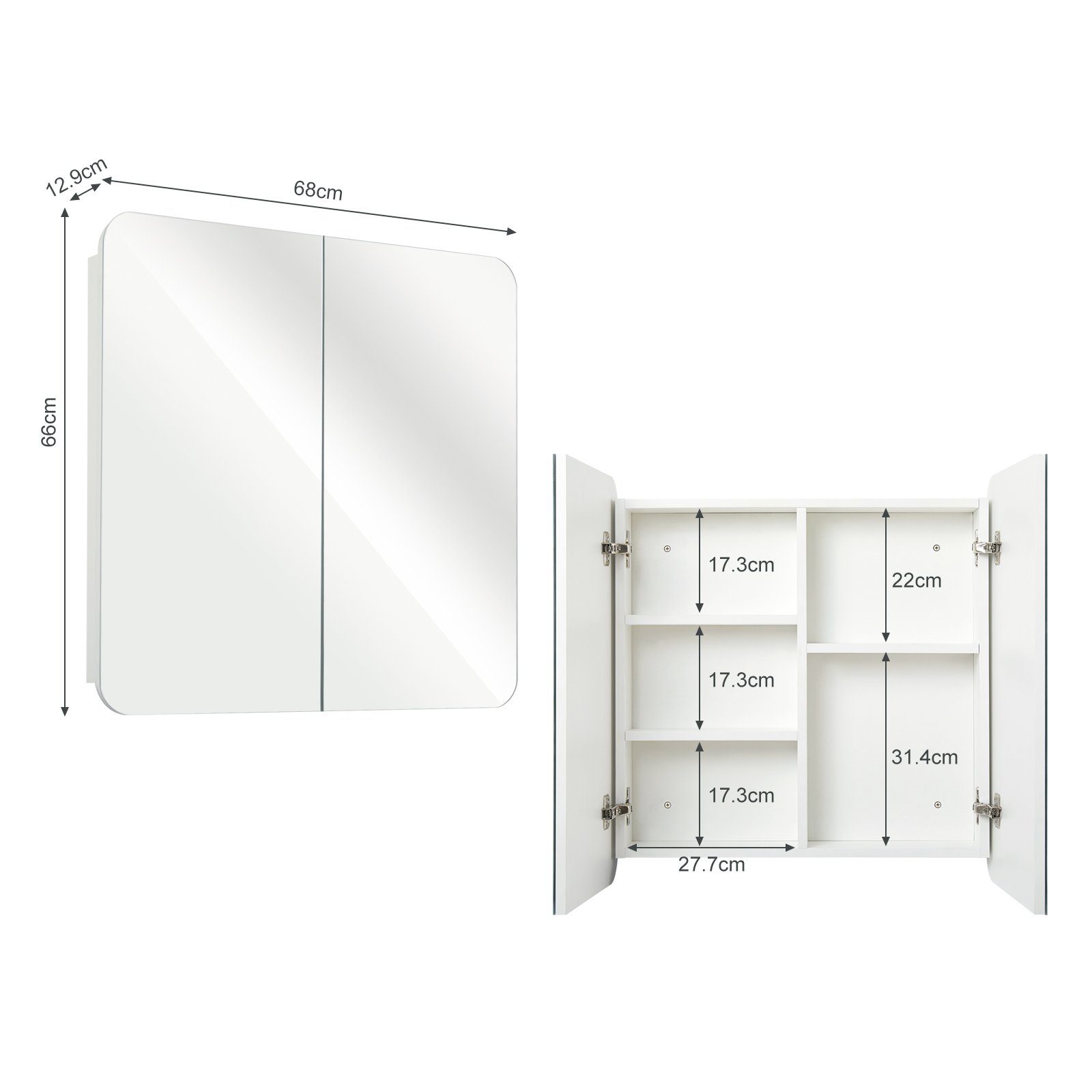 Mondeer Badezimmerspiegelschrank Badezimmerspiegel Hängeschrank, Wandschrank, mit 2 Türen 68 x 12.9 x 66 cm, Weiß – Bild 4 von 5