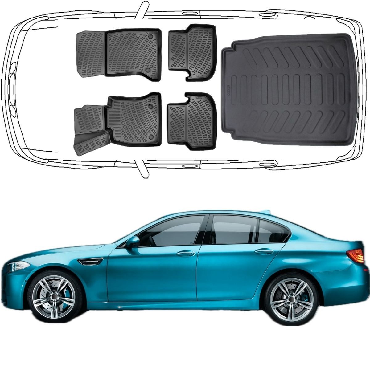 Trimak Passform-Fußmatten Oder Kofferraumwanne Oder Set kompatibel mit BMW 5 Serie, BMW 5 F10 Limousine Facelift 2013-2017 Fuss & Kofferraummatte