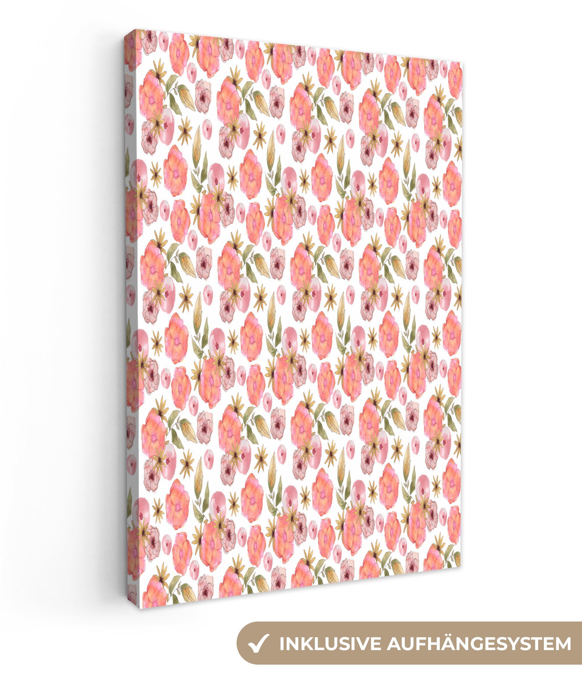 OneMillionCanvasses® Leinwandbild Blumen - Rosa - Muster - Aquarell, (1 St), Leinwandbild fertig bespannt inkl. Zackenaufhänger, Gemälde, 20x30 cm
