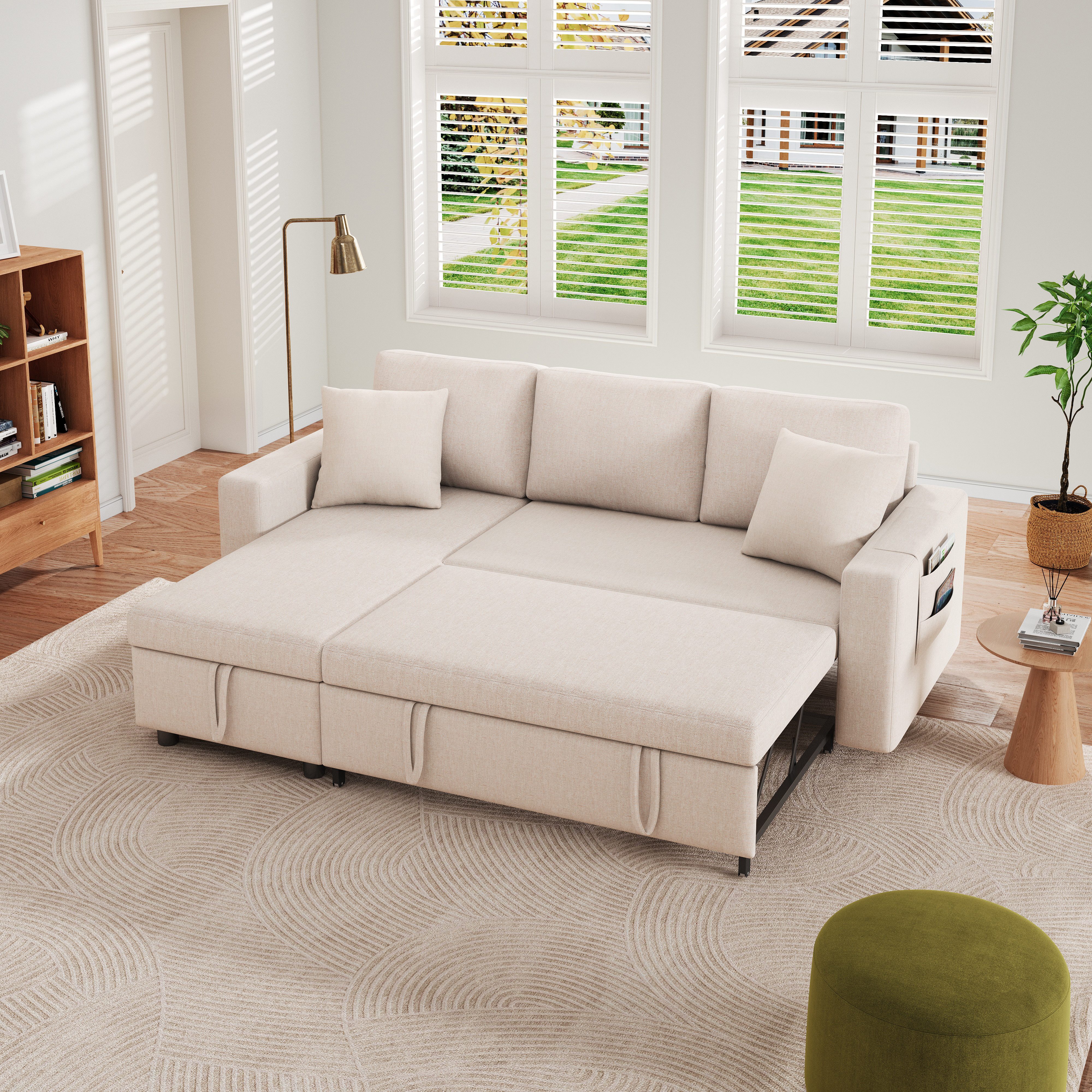 STILVORA Ecksofa mit Stauraum,Schlafsofa L-förmiges Sofa mit Kissen&Stautaschen,Beige, Set, mit Taschenaufbewahrung, links und rechts austauschbare Chaiselongue