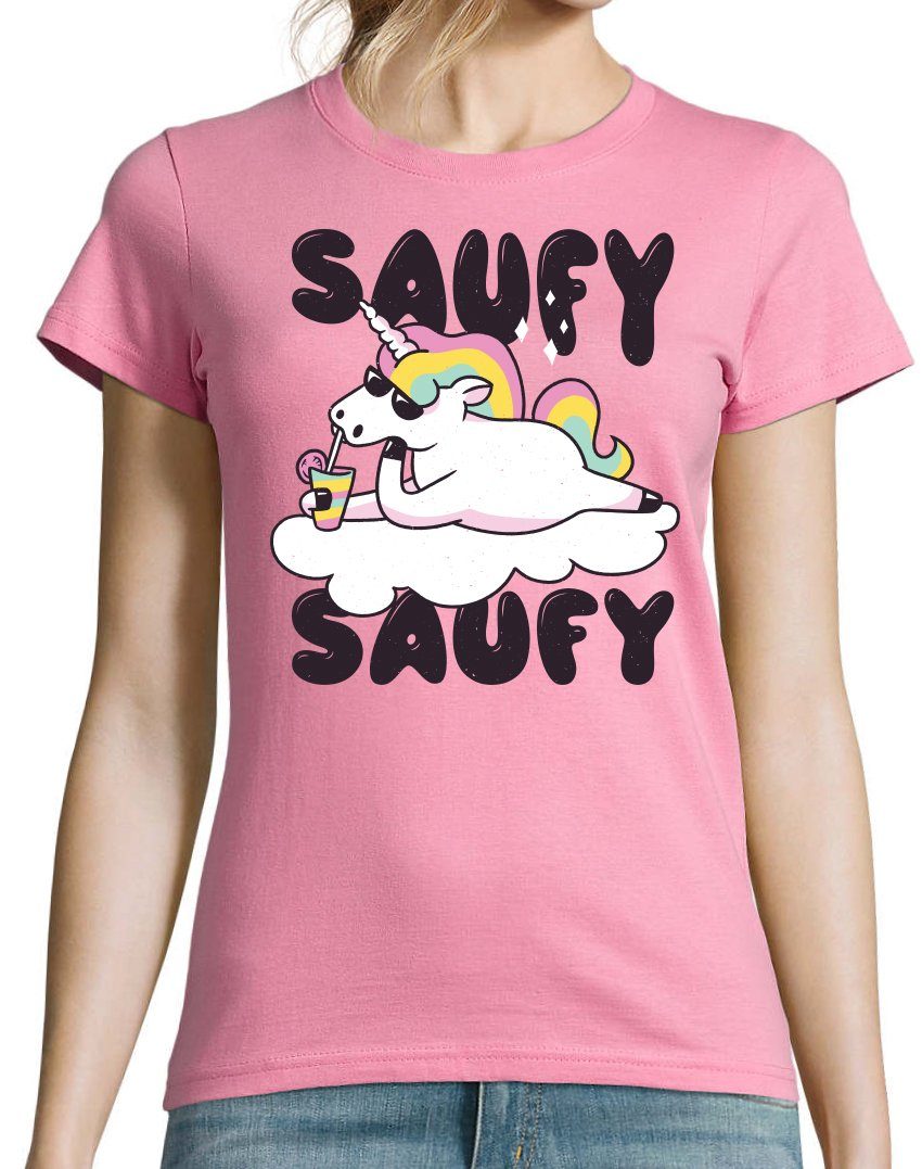 Youth Fun-Look SAUFY Print-Shirt Einhorn Unicorn Damen Aufdruck mit Designz und T-Shirt Rosa lustigem SAUFY Spruch