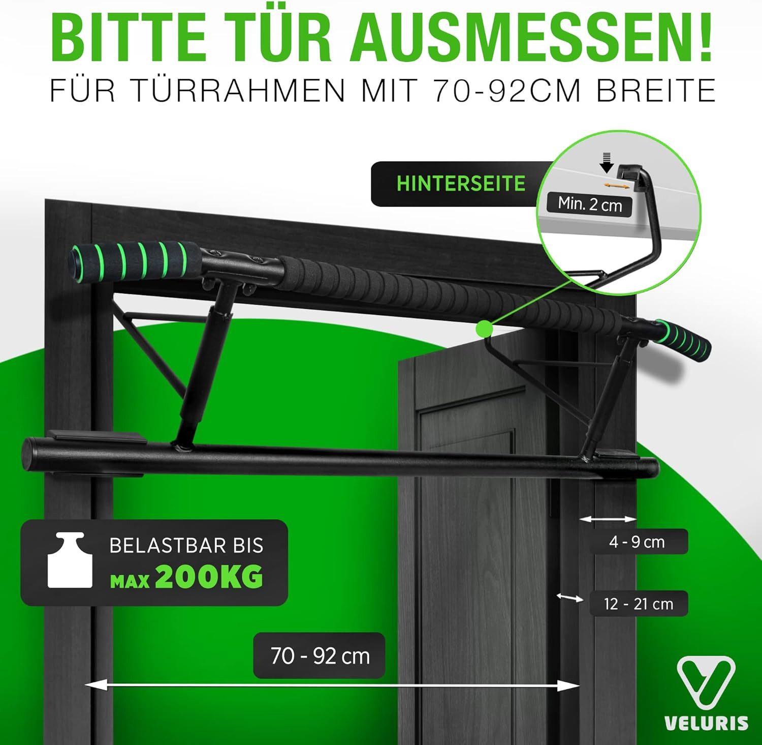 Veluris Klimmzugstange Türrahmen - ohne Bohren, bis 200 kg, 20 cm mehr Freiraum, abgerundet, Klappbar, rutschfeste Schaumgriffe, für Klimmzüge, Dips & Push-ups – Bild 2 von 5