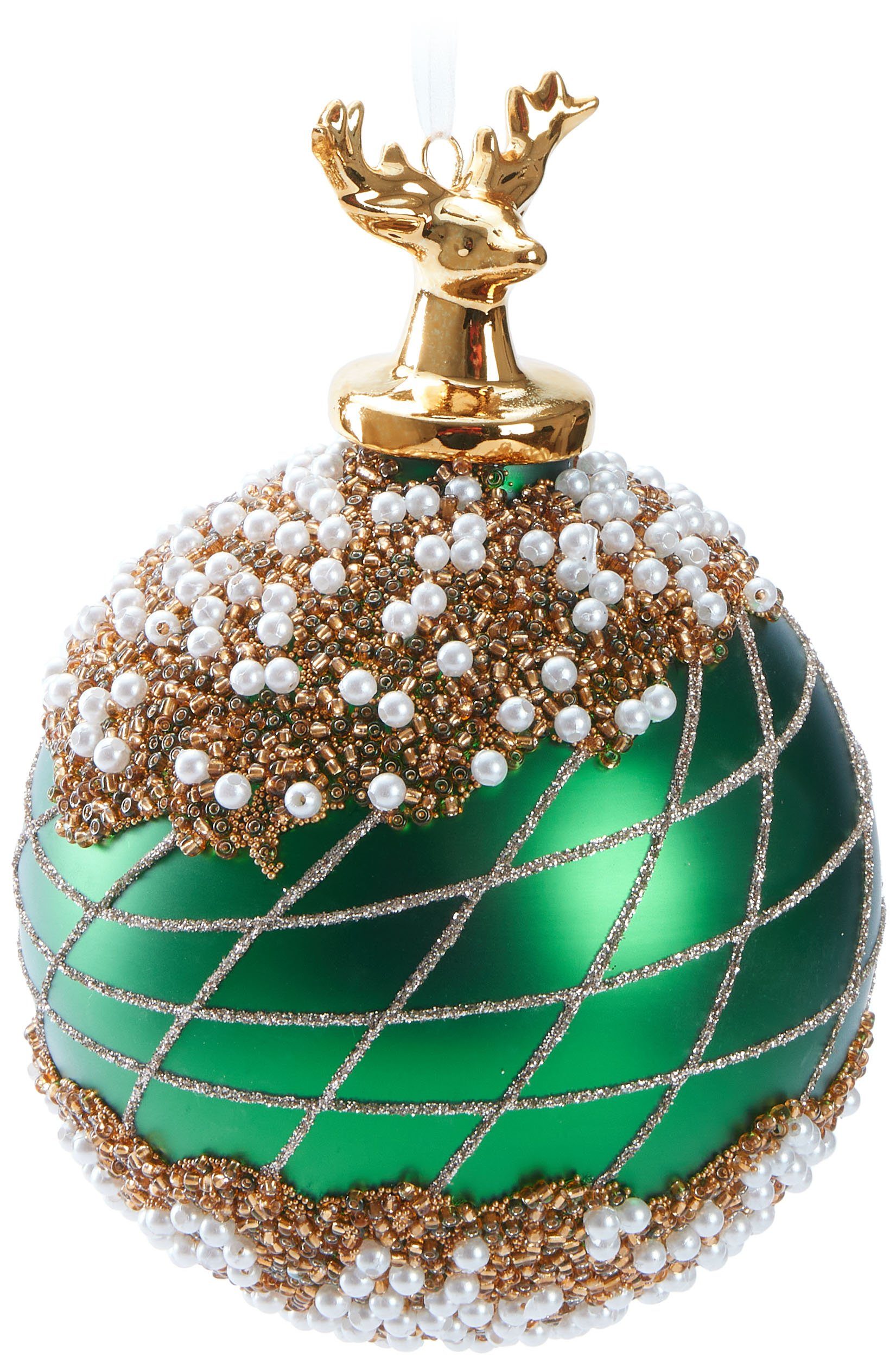 BRUBAKER Weihnachtsbaumkugel Premium Weihnachtskugel mit Porzellan Figur - Handdekorierte Baumkugel (1 St), 10 cm Christbaumschmuck aus Glas mit Perlen Dekorationen und Glitzer Grün