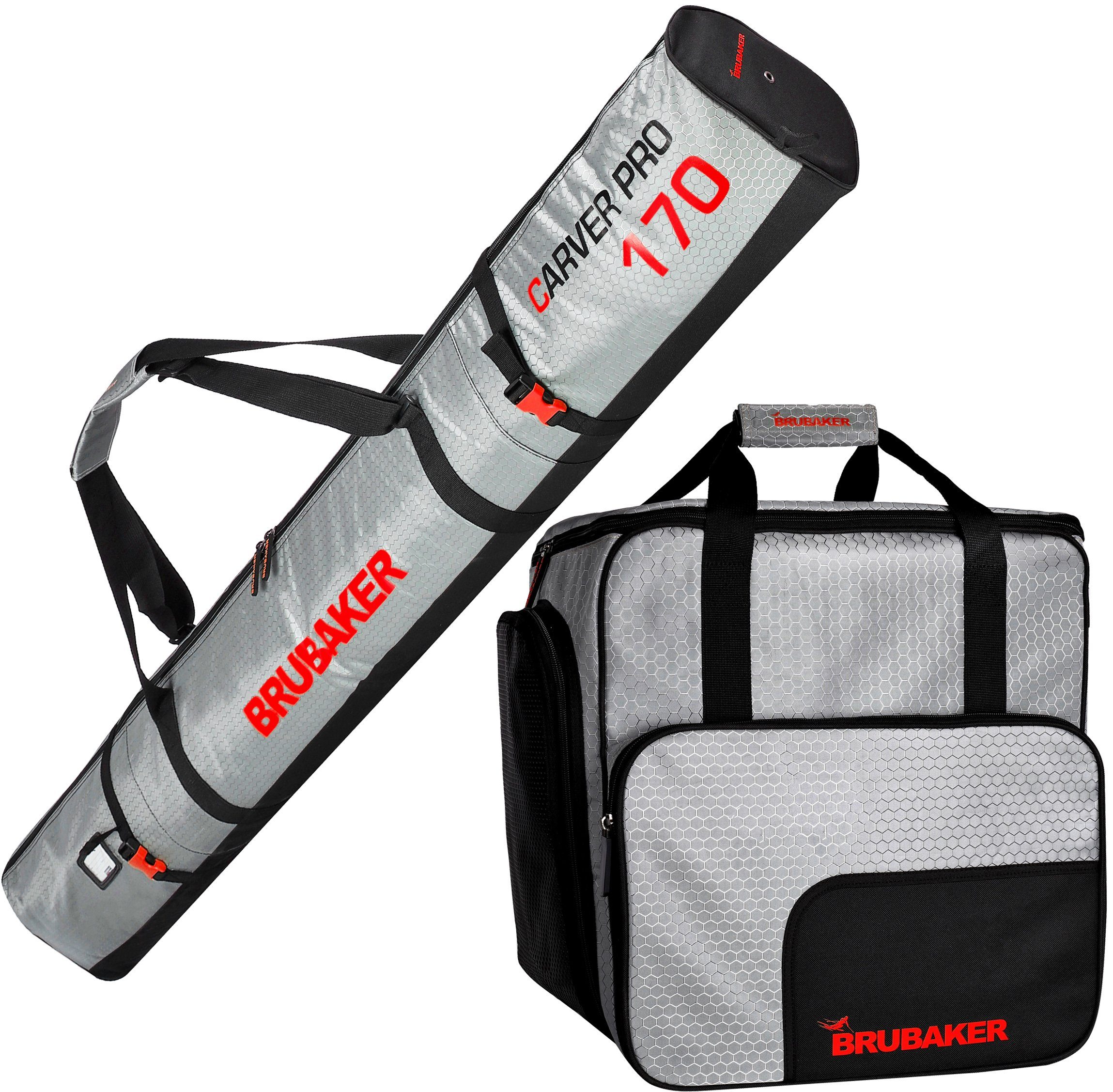 BRUBAKER Sporttasche CarverTec Pro Skitasche Kombi Set (2-tlg., reißfest und nässeabweisend), Skisack und Skischuhtasche für 1 Paar Ski Rot und Silber