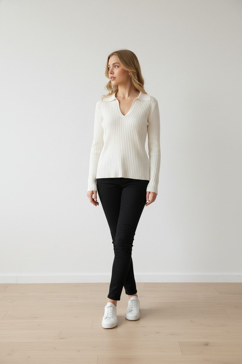 Zuckerwatte V-Ausschnitt-Pullover Rippstrickoptik aus Viskose mit Elasthan