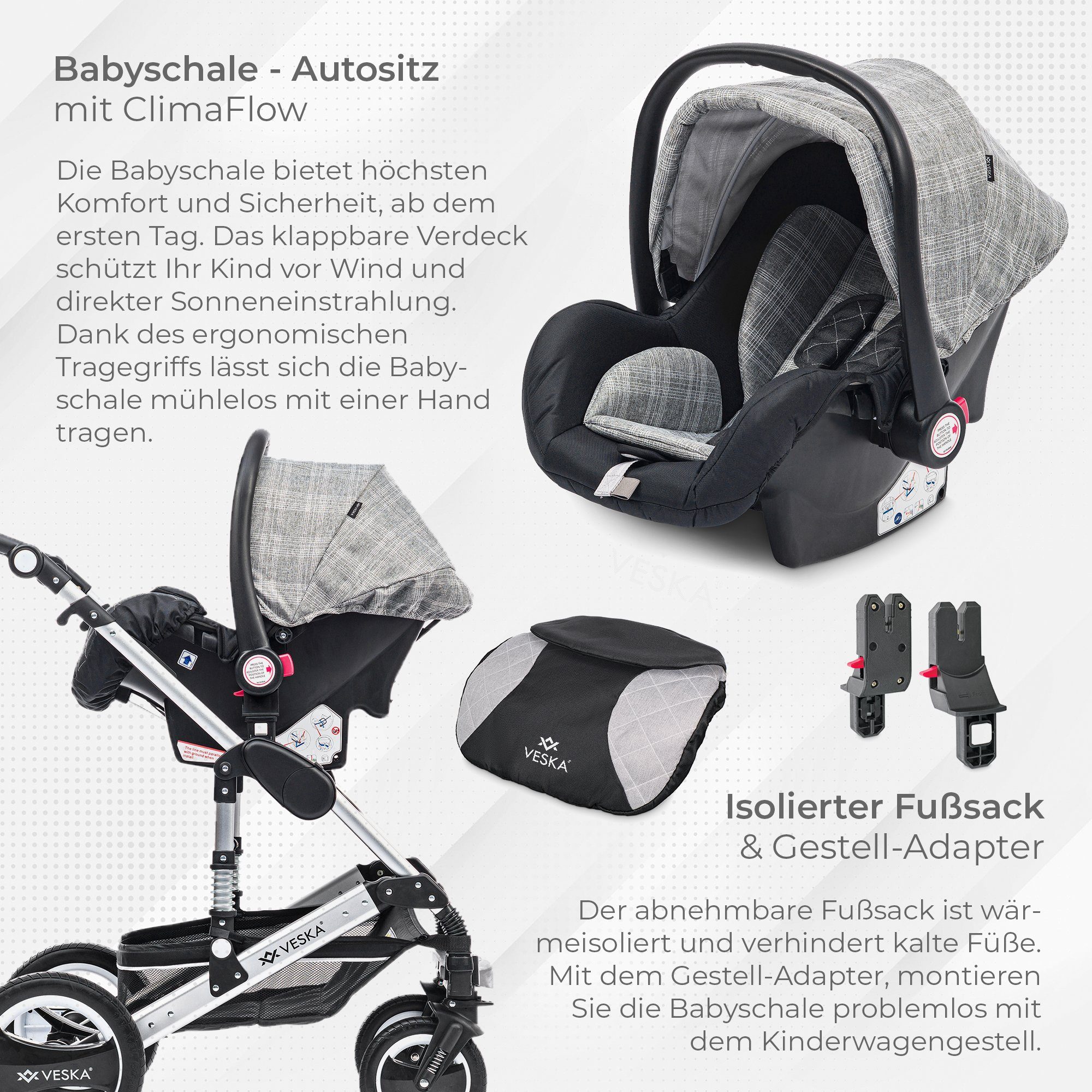 VESKA Kombi-Kinderwagen 3in1 inkl. Babyschale, Buggy, Jogger, mit Wickeltasche, Ess&Spieltisch, Moskitonetz, Regencover, Autoschale Fußsack, Aluminiumrahmen