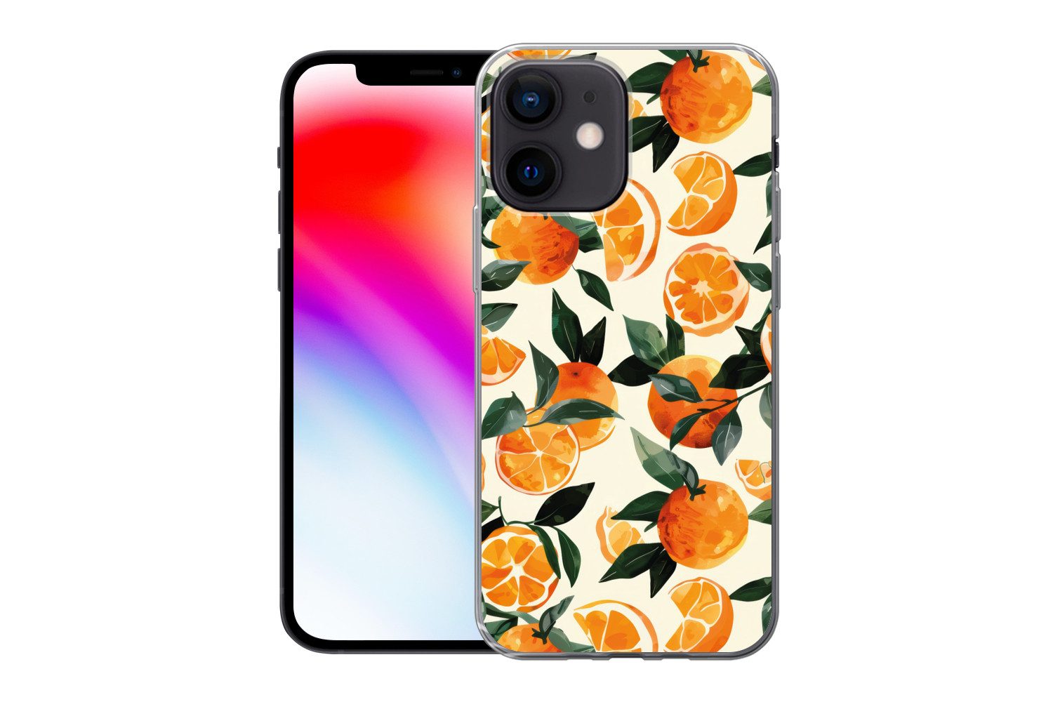 MuchoWow Handyhülle für Apple iPhone 12 mini Orangen - Früchte - Blätter - Orange - Grün -, Smartphone-Bumper, Print, Handy Schutzhülle Dünn