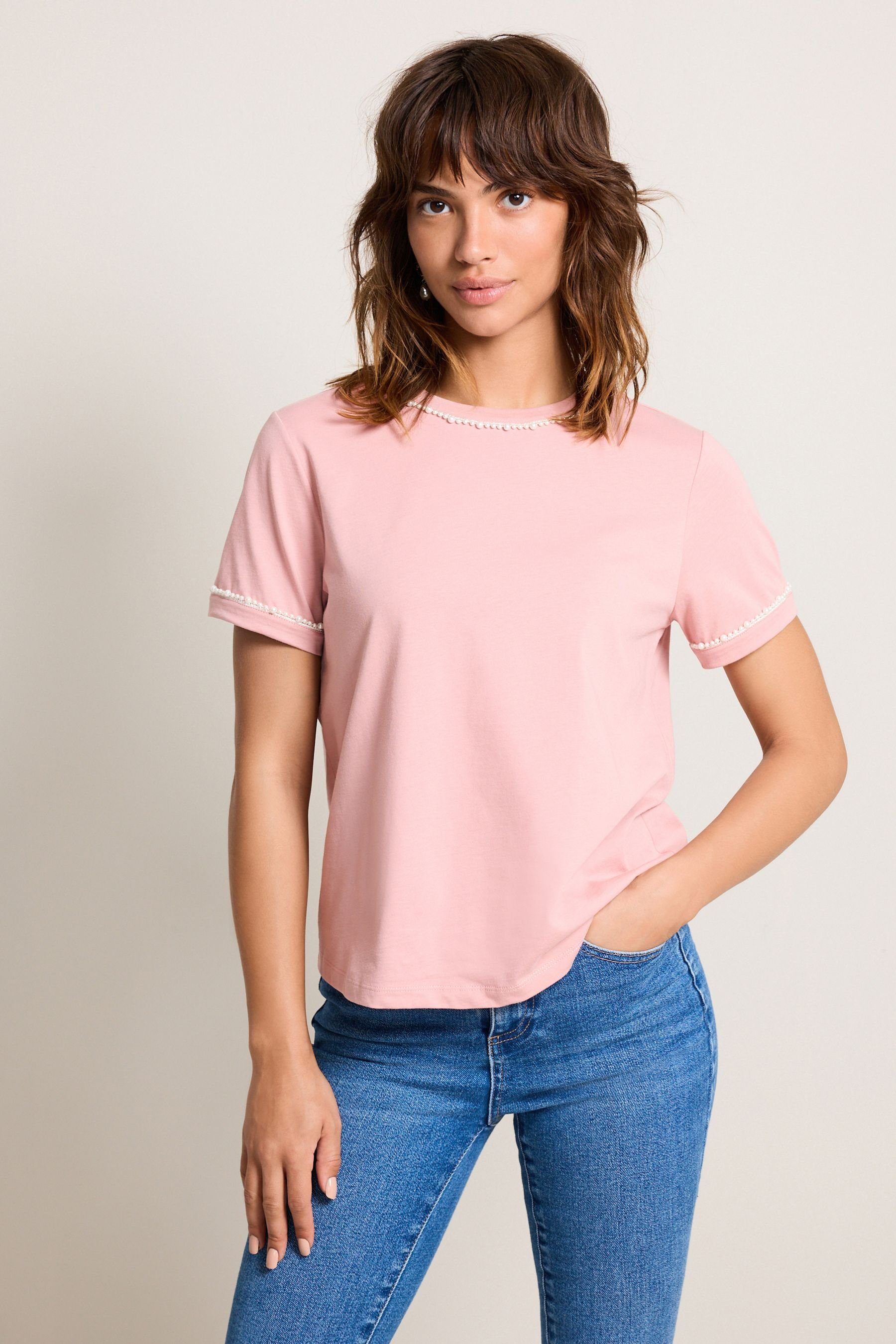 Next T-Shirt Kurzärmeliges T-Shirt mit Perlenbesatz (1-tlg) Blush Pink