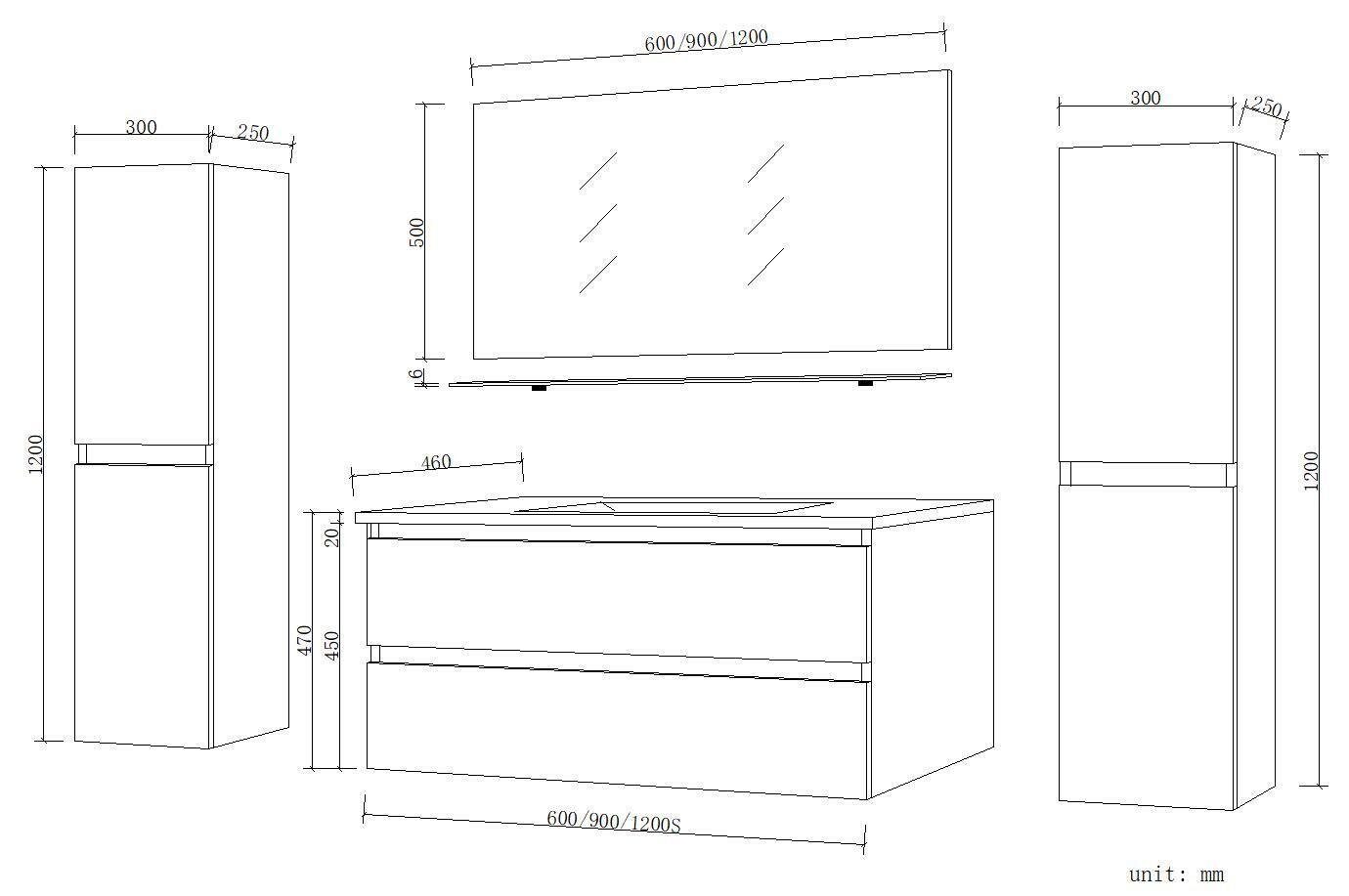 /Weiß Closing Eiche/Schwarz 6-St) (Badmöbel 6 90 Soft 60-90-120 Weiss Hochglanz Eiche Set Badmöbel-Set Homeline System, Artizan/ Teilg Leonard Badezimmermöbel cm cm, Hochglanz Eiche/Weiß