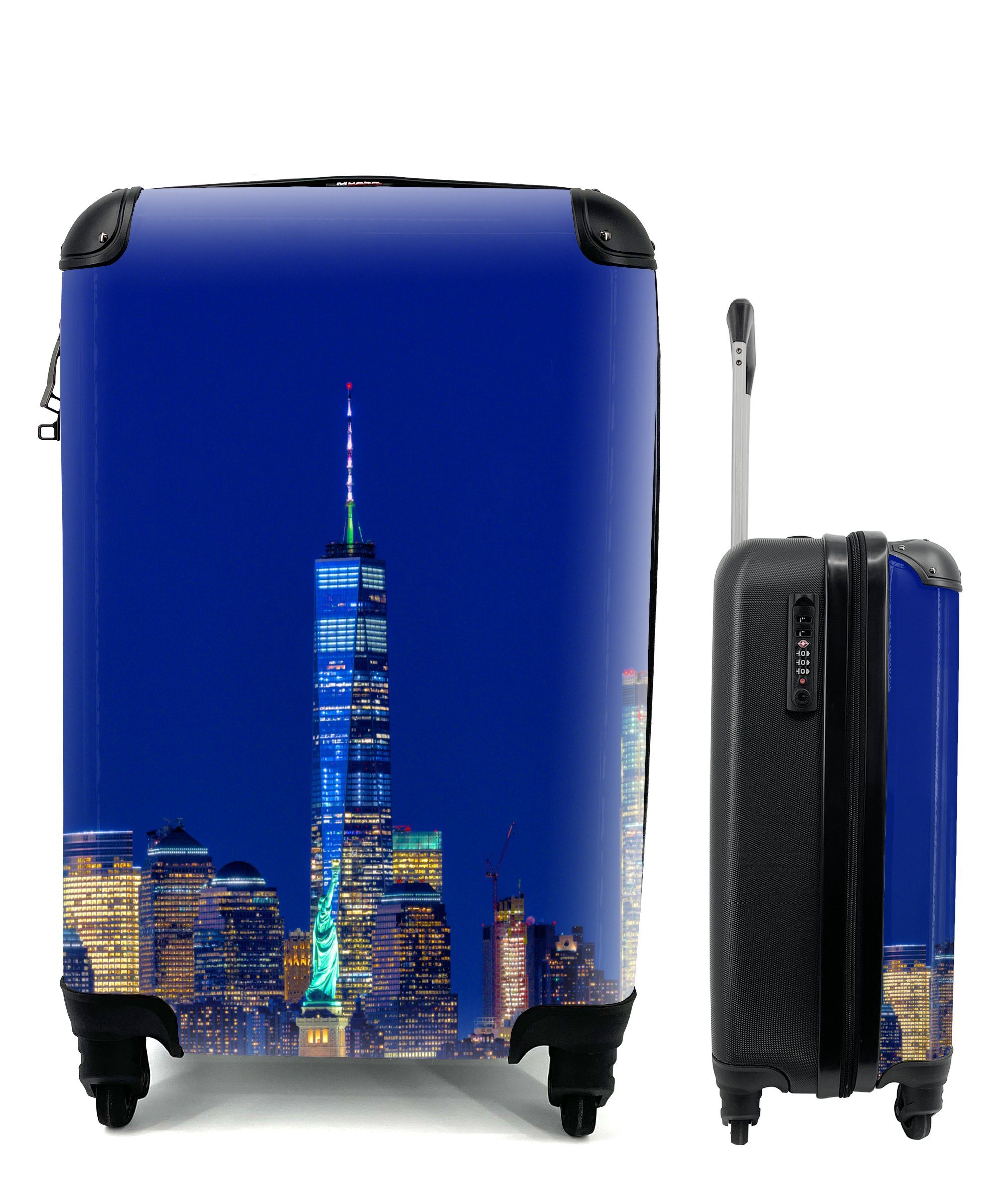 MuchoWow Handgepäckkoffer Freiheitsstatue mit NY-Skyline, 4 Rollen, Reisetasche mit rollen, Handgepäck für Ferien, Trolley, Reisekoffer