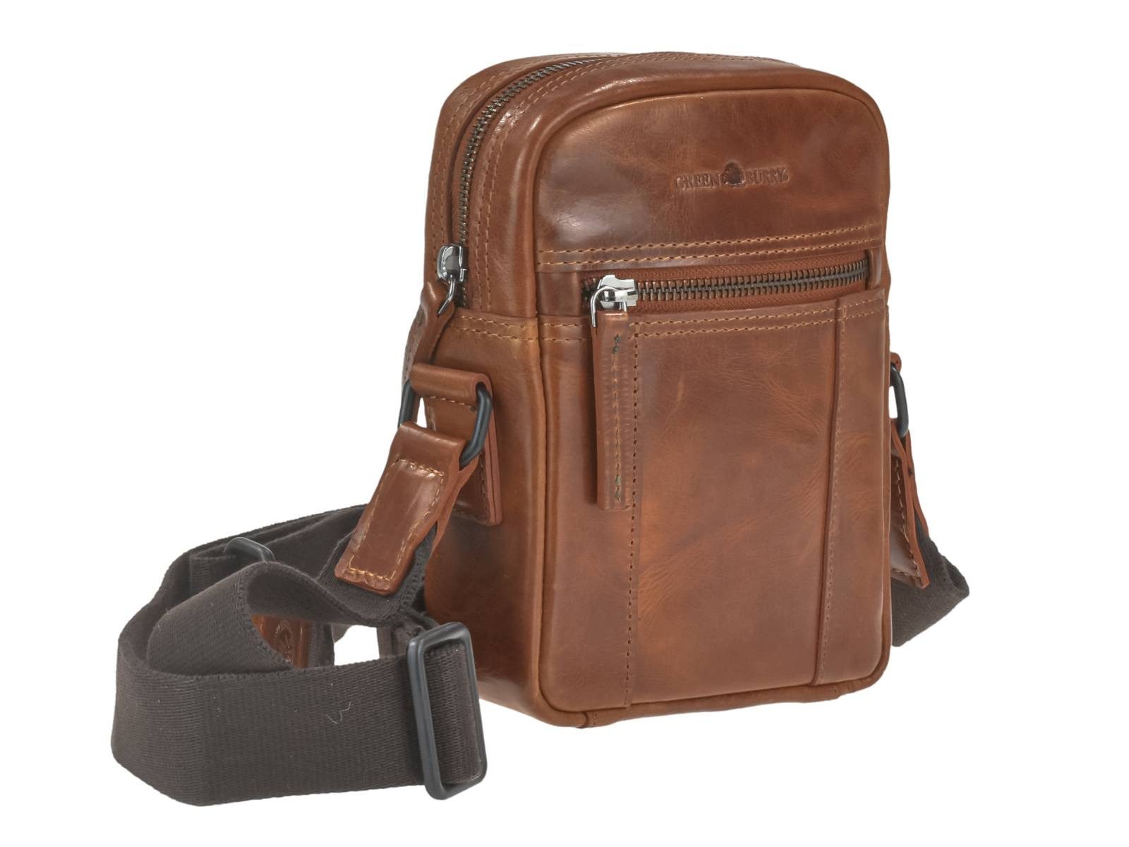 Greenburry Umhängetasche "Newport" Leder Tasche kleine Herrentasche Umhänger 17x20cm, Hauptfach 14x18cm, 145cm Schultergurt