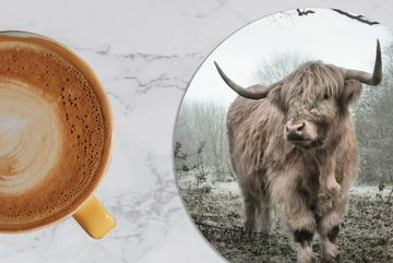 MuchoWow Glasuntersetzer Schottischer Highlander - Wald - Nebel - Kuh - Tiere - Natur, Zubehör für Gläser, 6-tlg., Getränkeuntersetzer, Tassenuntersetzer, Korkuntersetzer, Tasse, Becher