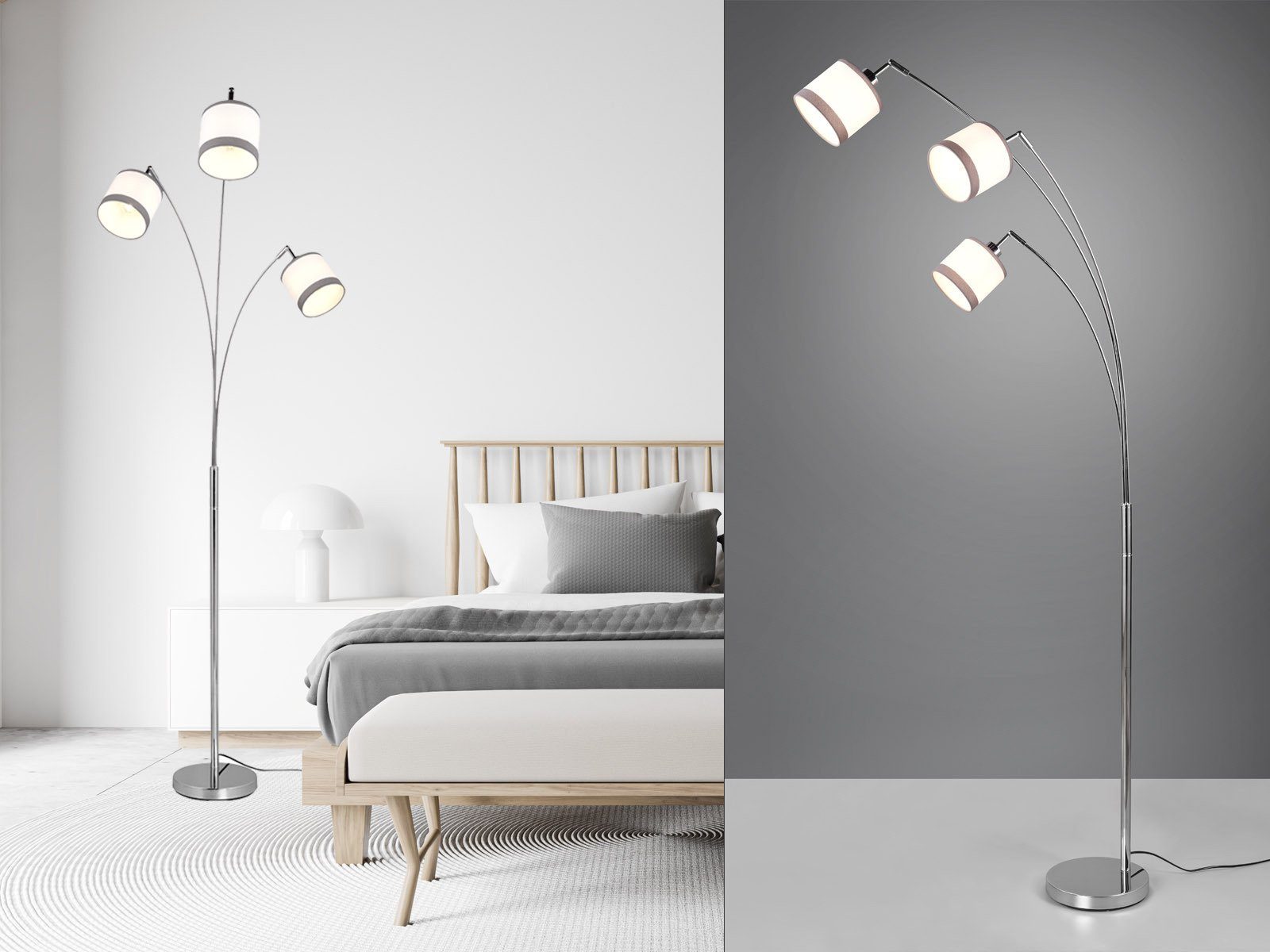 meineWunschleuchte LED Stehlampe, LED wechselbar, warmweiß, ausgefallene moderne Lampenschirme Stoff dimmbar für Ecke, Höhe 185cm Weiß/Grau