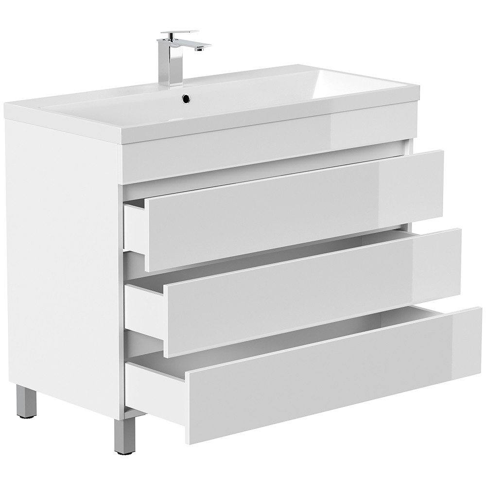 Lomadox Waschtisch FROME-02, 100 cm, weiß Hochglanz, stehend, mit 3 Schubla günstig online kaufen