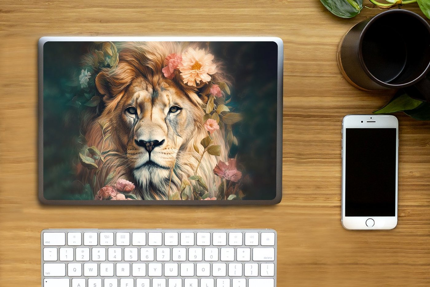 Thumbnail - MuchoWow Laptop-Aufkleber Löwe - Löwenkopf - Wilde Tiere - Blumen, (1tlg), Laptop Folien Cover, Aufkleber, Sticker, Schu...