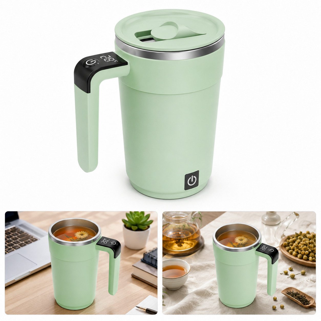 ibettertec Akku-Stabmixer Magnetischer selbstrührender Becher mit LCD‑Temperaturanzeige, 1 W, Magnetische automatische Rührfunktion ohne Löffel