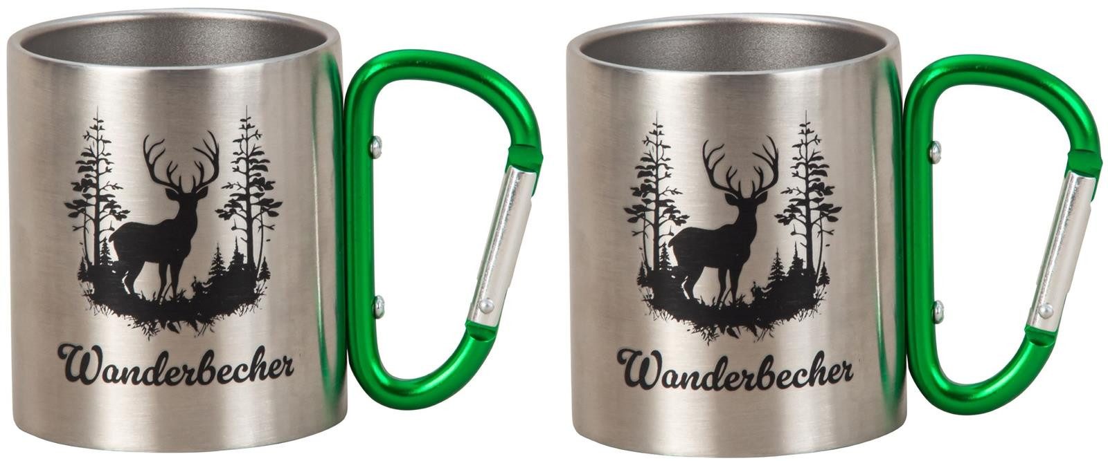 Geschenkestadl Becher 2 Metallbecher mit Karabiner, Camping, Wanderbecher, mehrere Designs, Karabinerhaken Karabinergriff
