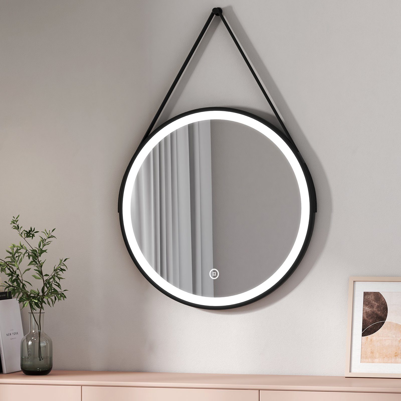EMKE Badspiegel Badspiegel mit Beleuchtung Rund Badezimmerspiegel mit schwarzem Rahmen, mit Intelligenter Touchschalter, schwarzem Rahmen Φ 50-80cm