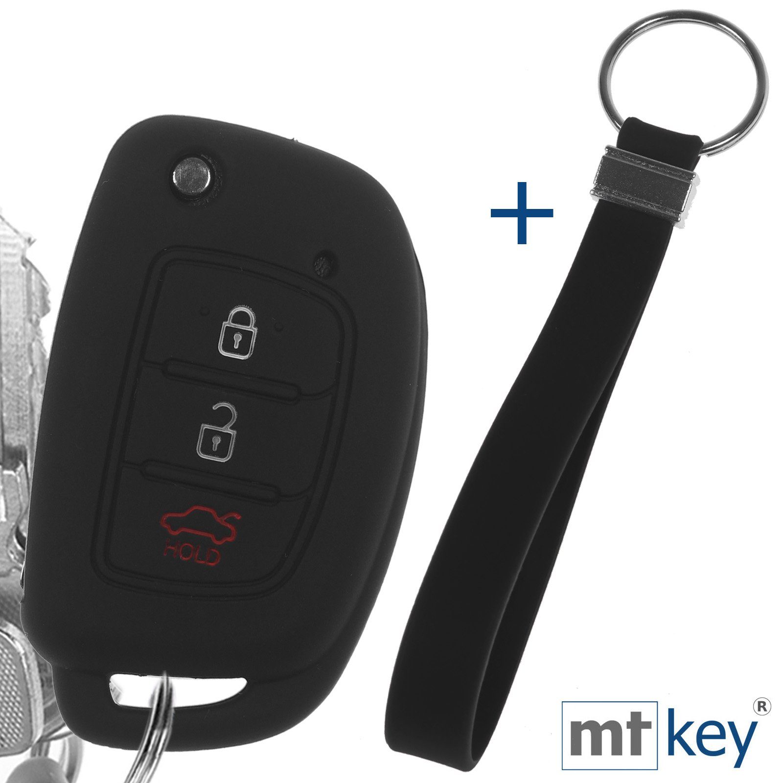 mt-key Schlüsseltasche Autoschlüssel Silikon Schutzhülle Wabe Design Schwarz + Schlüsselband, für Hyundai i10 i20 ix25 ix35 i40 Accent Tucson 3 Knopf Klappschlüssel