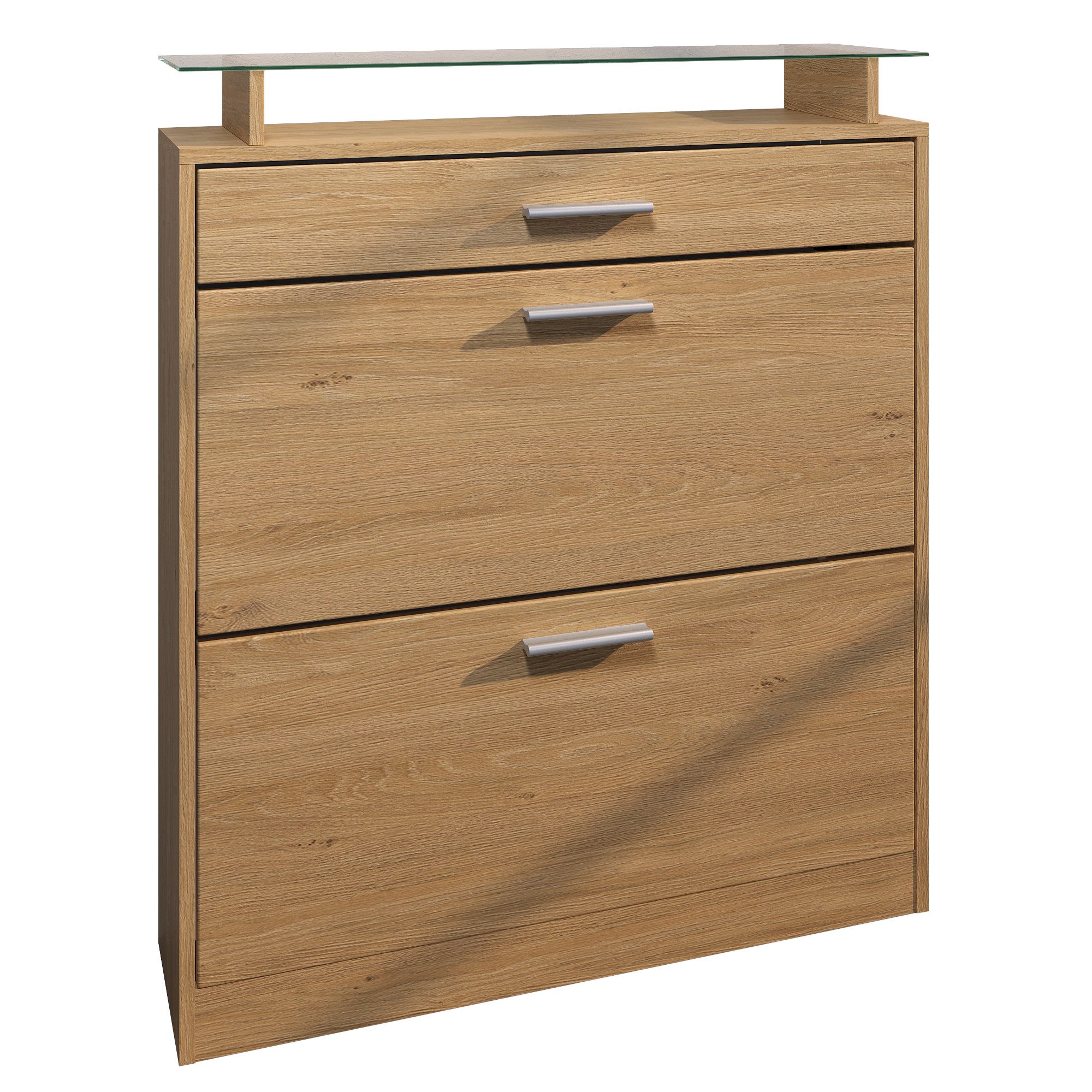 Vladon Schuhschrank Loret (Schuhkipper für 16 Paar Schuhe, mit 1 Schublade und Glasablage) Schuhregal in Eiche Skandi / Eiche Skandi (89 x 104 x 23 cm)