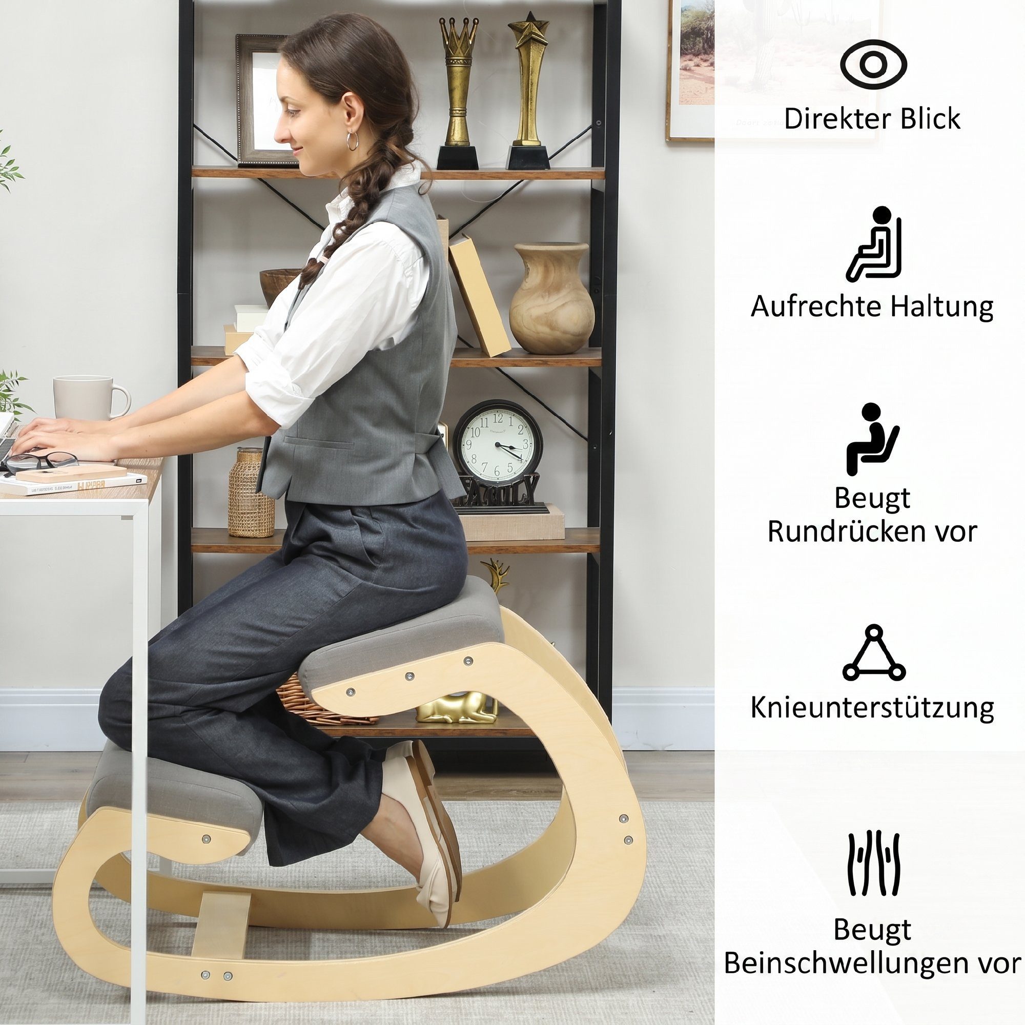 HOMCOM Stuhl Kniestuhl (Schreibtischstuhl, 1 St), für Homeoffice, zur Verbesserung der Körperhaltung, Hellgrau – Bild 5 von 5