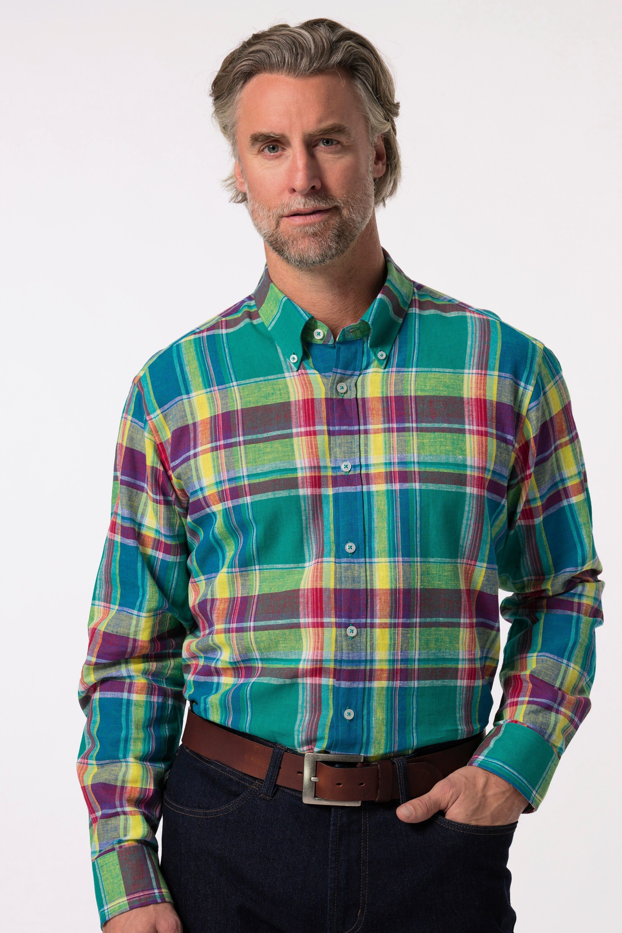 Boston Park Businesshemd Leinenmix-Karohemd Langarm Buttondown-Kragen