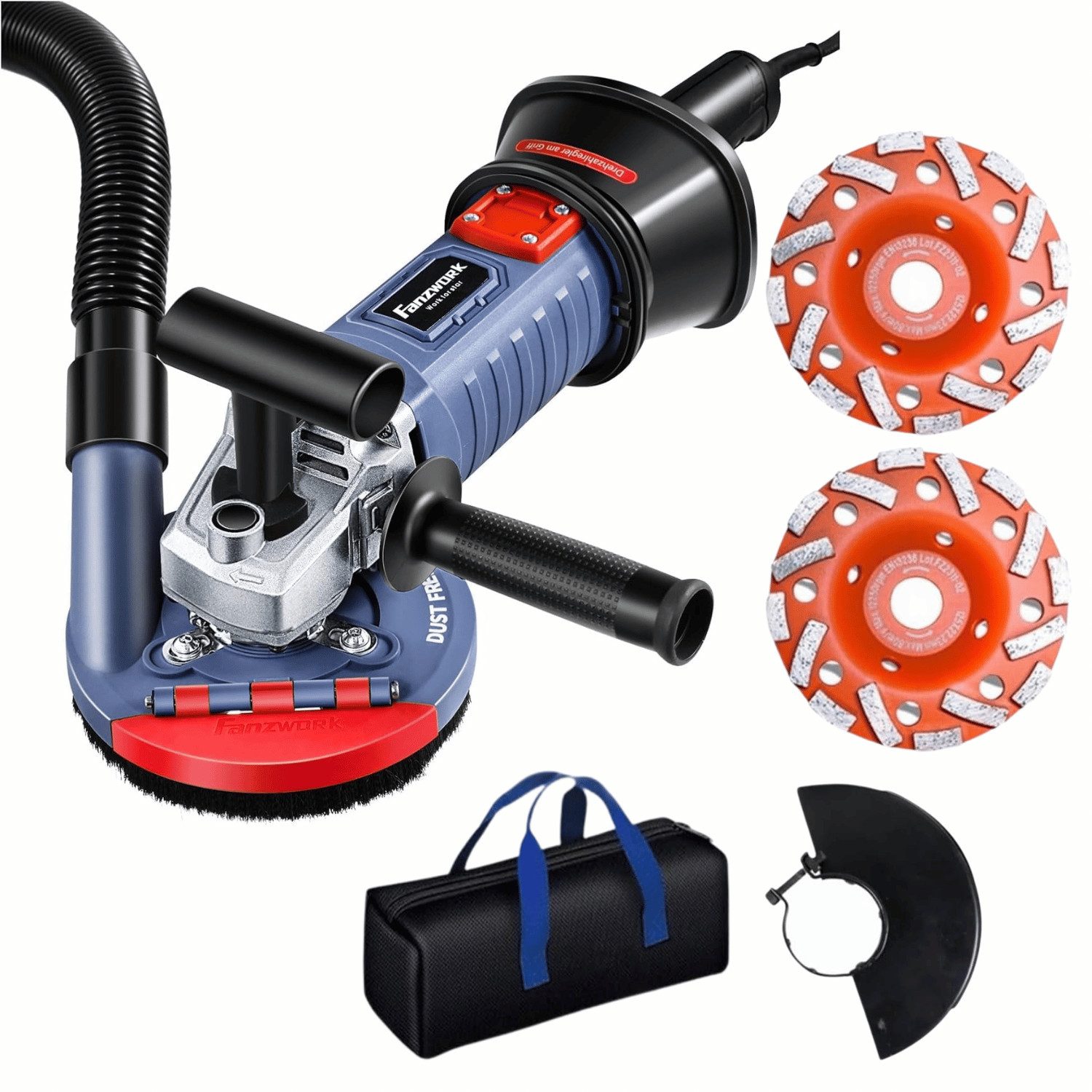 Fanzwork Winkelschleifer 1500W Betonschleifer Set mit 2x Schleiftöpfen & Absaughaube, Ideal für Beton, Estrich und Fliesenkleber Schleifen