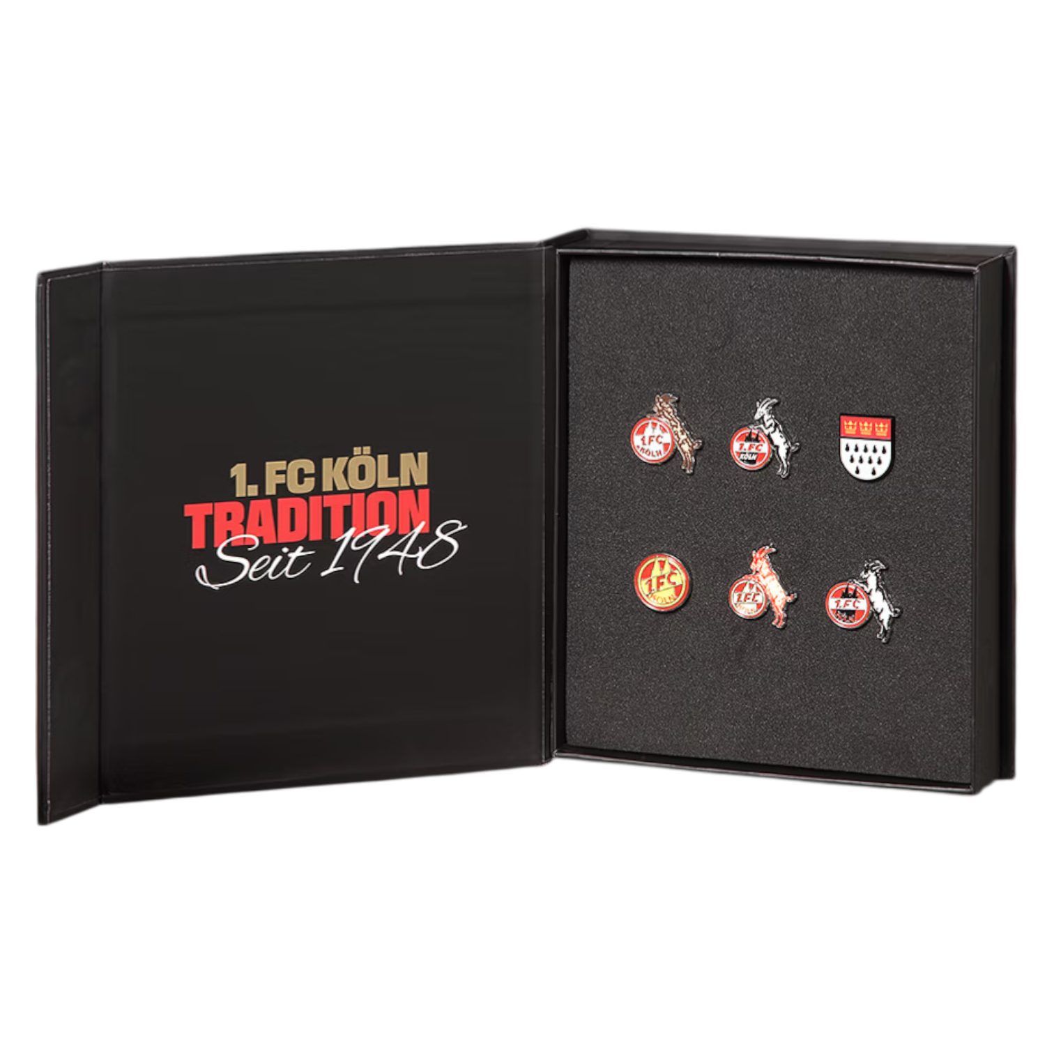 1. FC Köln Broschen Set Pin Box Retro Logos 6 Ansteckpins aus Metall schwarze Präsentationsbox (6-tlg), 6 Ansteckpins aus Metall in schwarzer Präsentationsbox