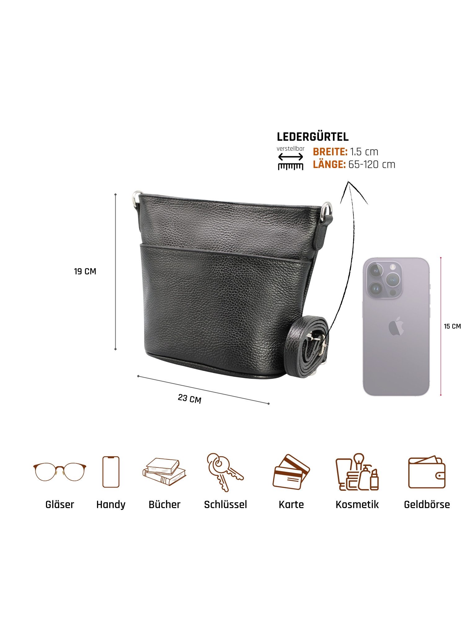 Adel Bags Schultertasche LINA Umhängetasche für Damen, Schultertasche Echtleder Gürteltasche