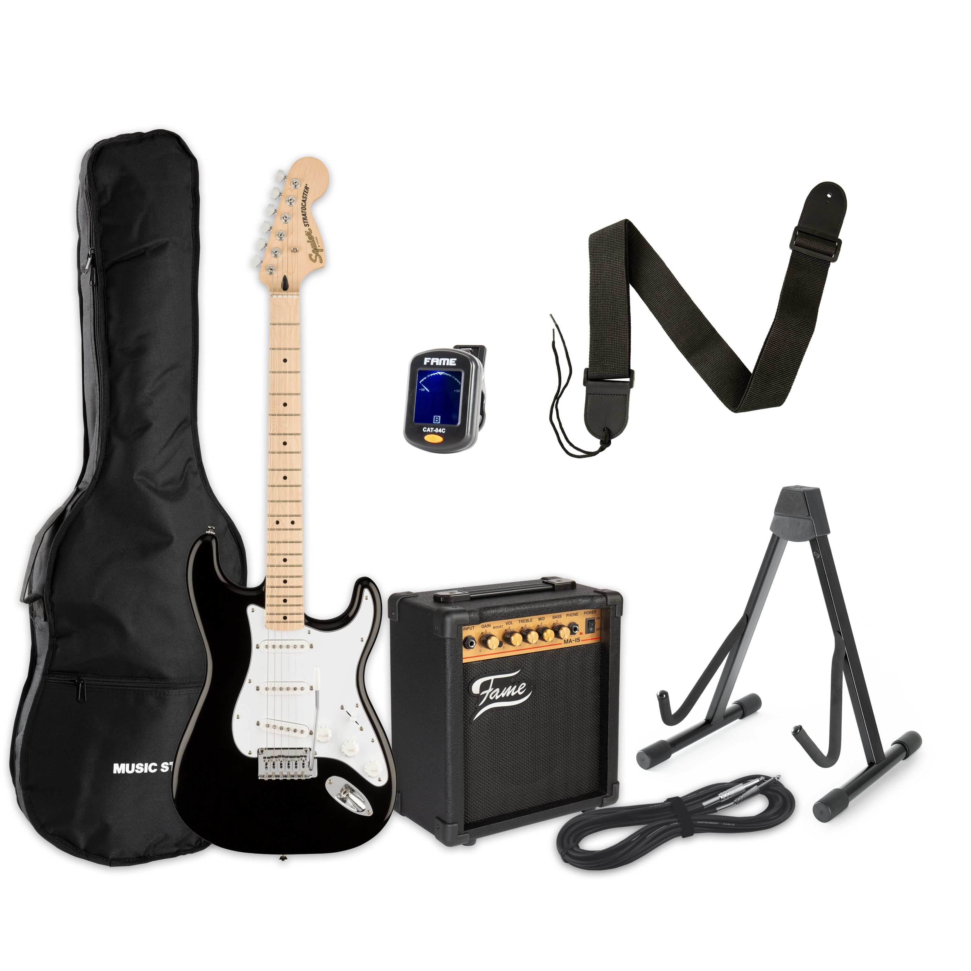 Squier E-Gitarre, E-Gitarren, E-Gitarren-Sets, Affinity Strat Black + MA 15 - E-Gitarren Anfänger Set