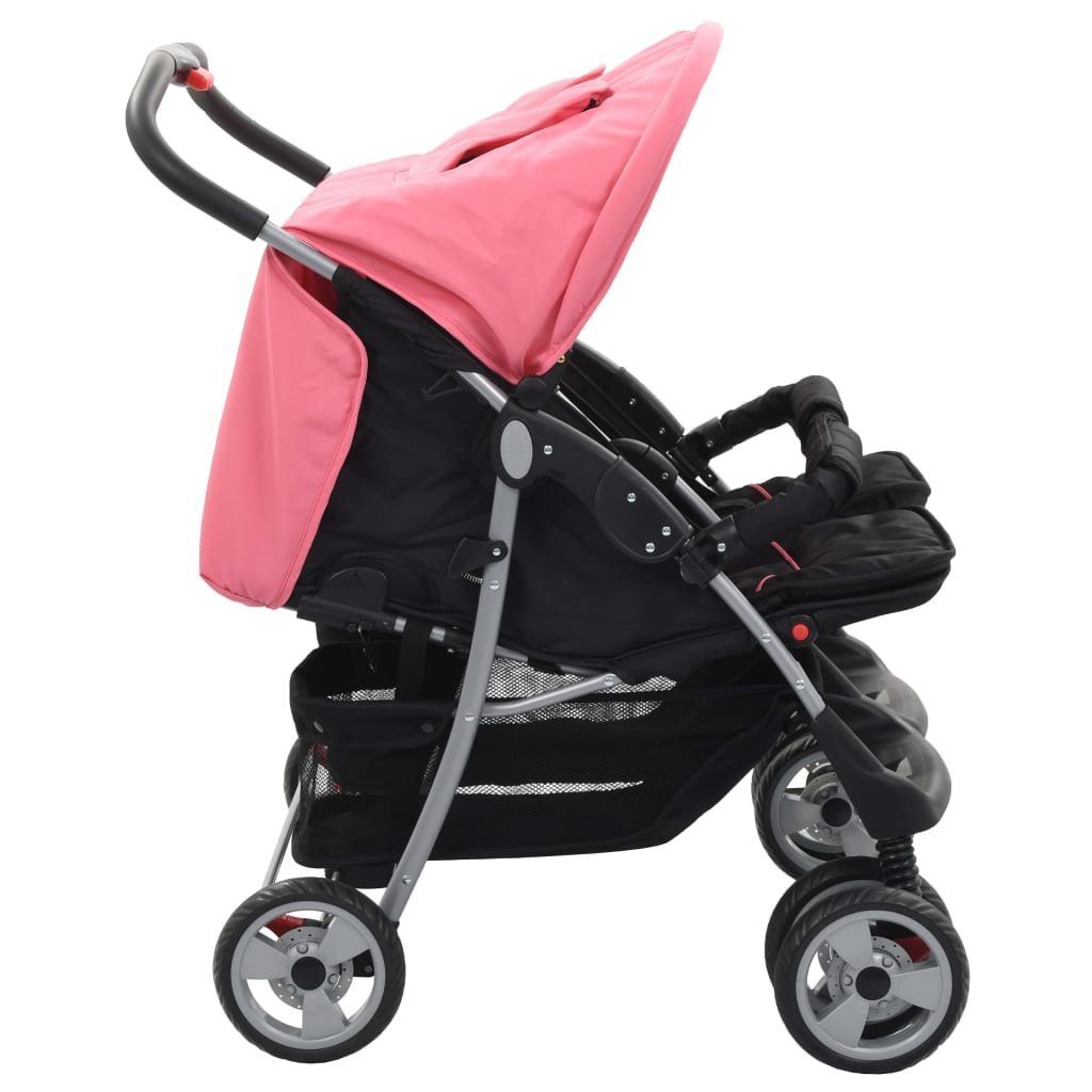 vidaXL Kinder-Buggy Zwillingskinderwagen Rosa und Schwarz Stahl