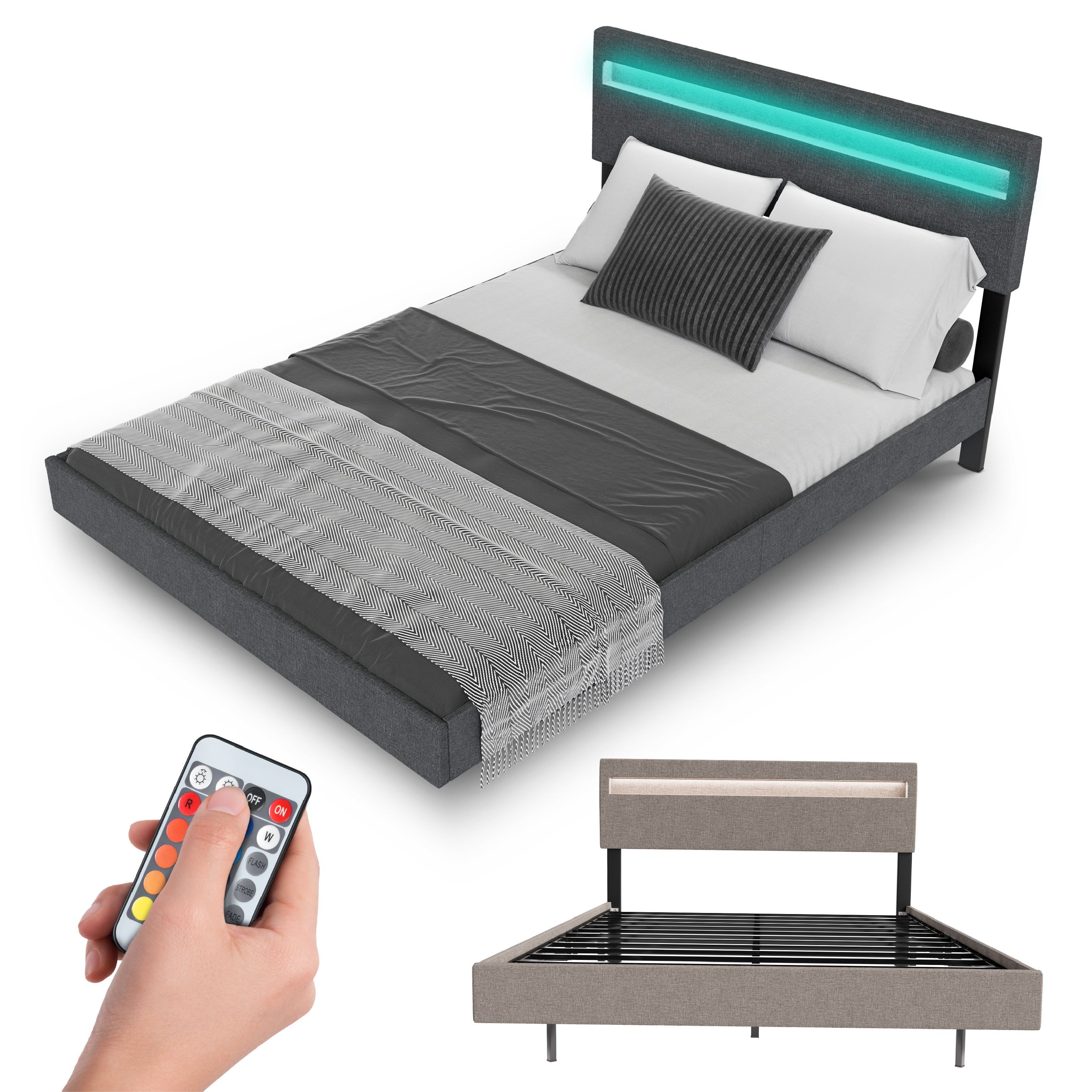 Juskys Polsterbett Lissabon, LED-Beleuchtung, Leinen, verstellbares günstig online kaufen